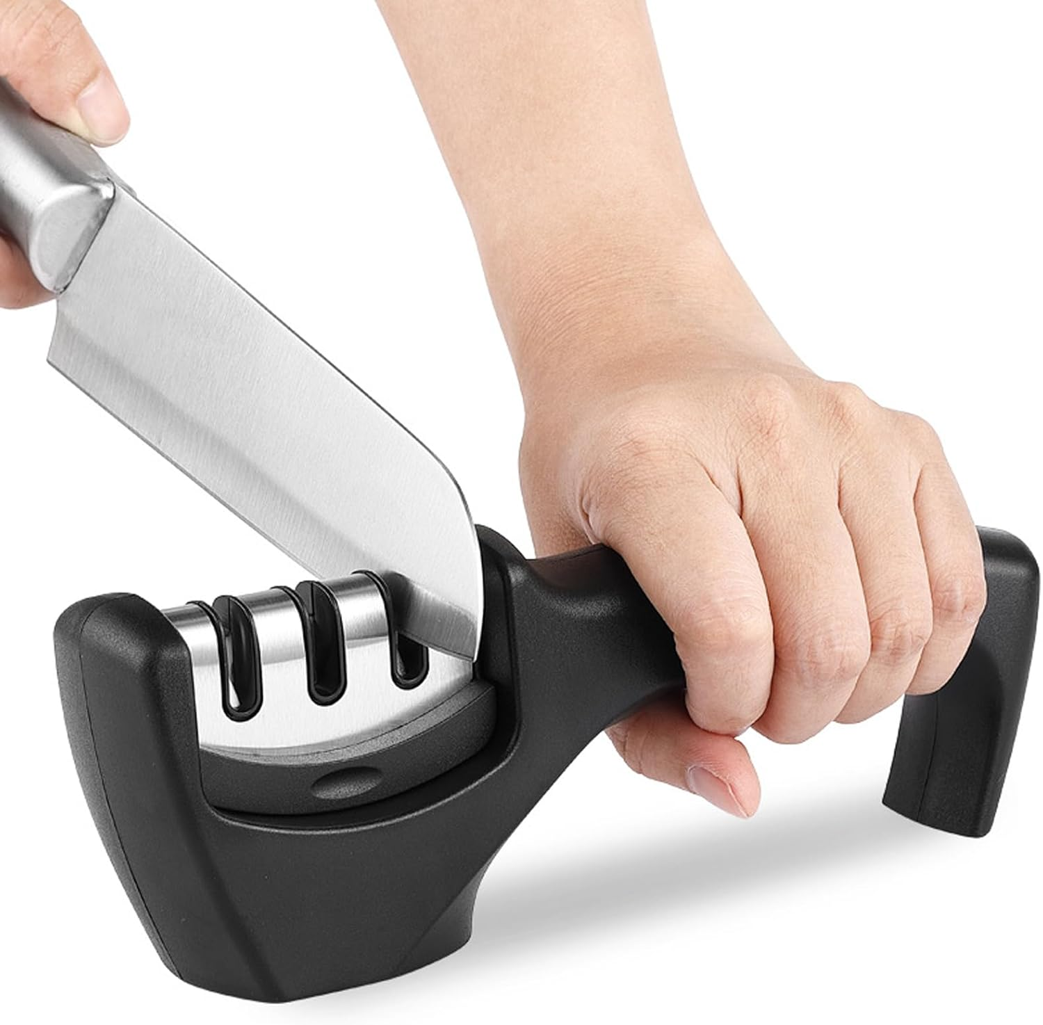 SLLINQKX Kitchen Knife Sharpener - Professional 3 Stage Manual Sharpeners - Ergonomic Handle and Non-Slip Base - Safe Sharpening Tool - Easily Honing Knives in a Breeze, Black. image number 2
