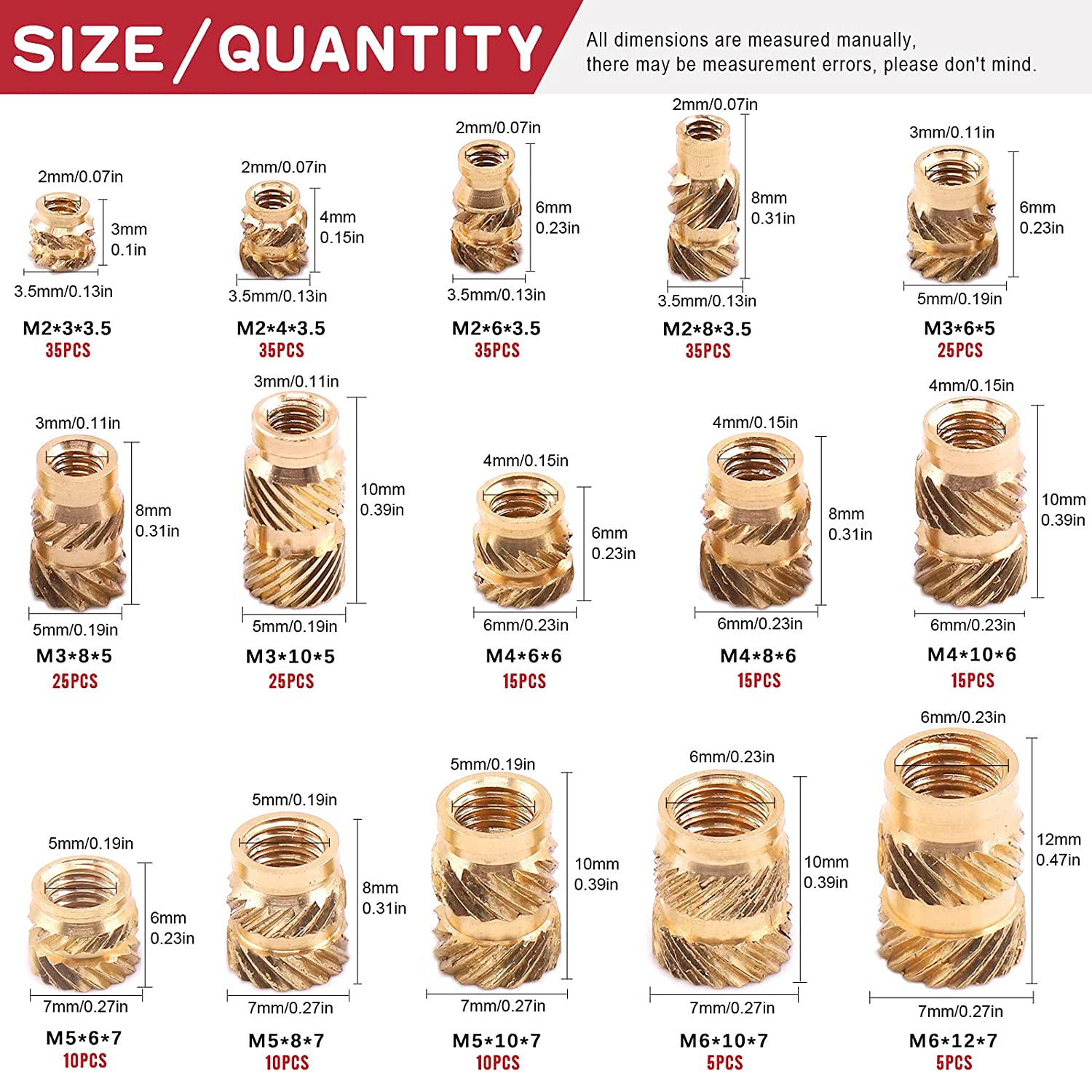 Hilitchi 300Pcs Brass Knurled Nuts Threaded Heat Embedment Nut for Printing 3D Printer and More Projects (Assortment Kit) image number 6