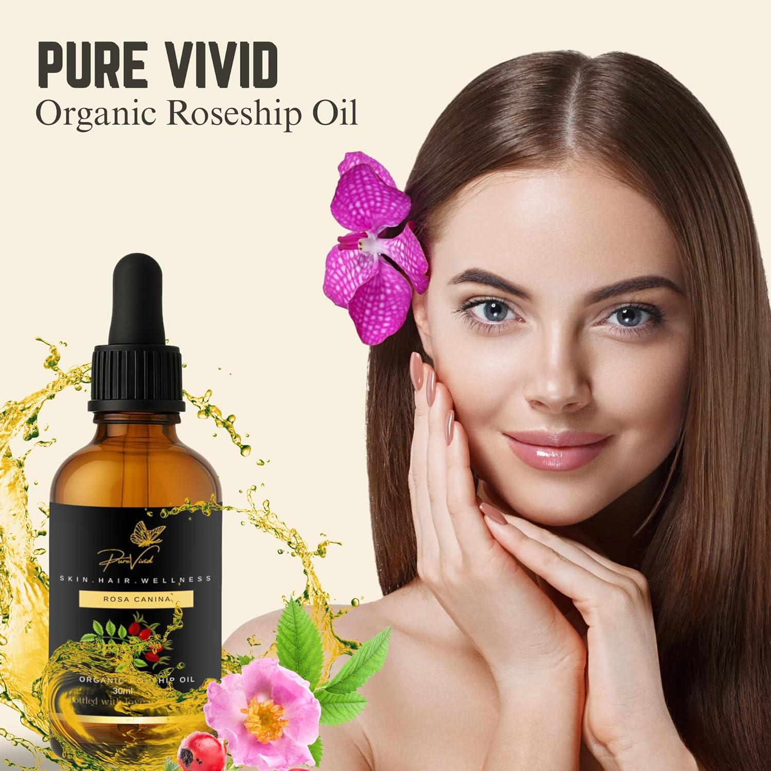 Pure Vivid Organic Rosehip Seed Oil 30Ml &ndash; 100% Pure Cold Pressed | Natural Unrefined Carrier Oil for Face, Skin, Hair & Nails | Non-Gmo |Oil for Daily Use | Amber Dropper Bottle image number 6