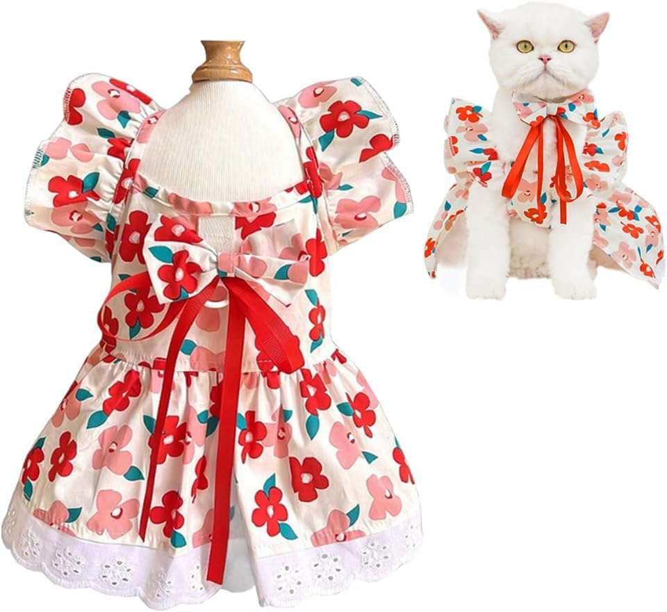 Dog Dress Dresses for Small Dogs Bow Cat Dress for Cat Only Dog Outfit Summer Puppy Clothes (Red, M) image number 1