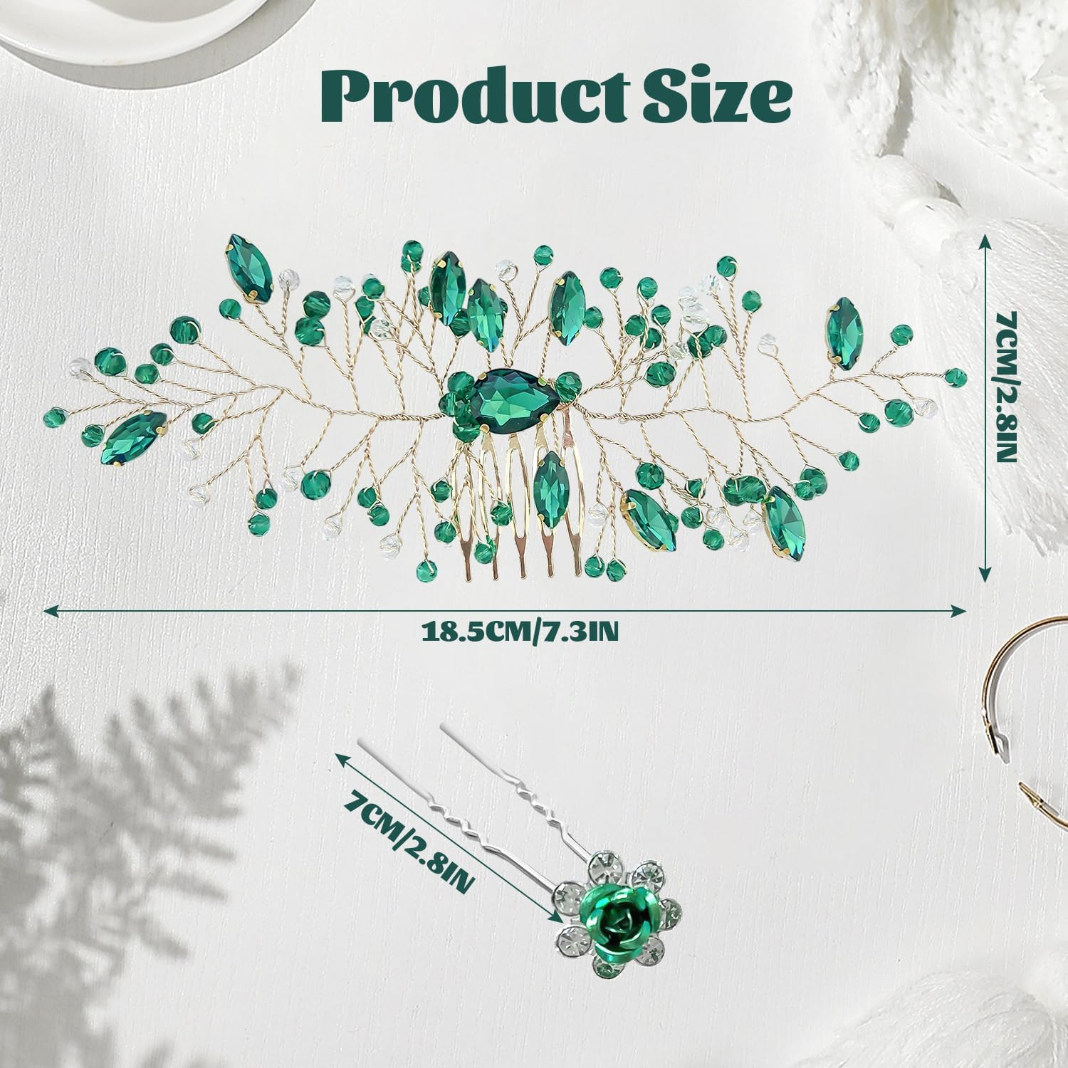 20 Pieces Rose Flower Hair Pins and 1 Piece Emerald Green Hair Comb Wedding Hair Accessories Bridal Hair Accessories for Women and Girls Prom Bridesmaid Party Gift image number 1