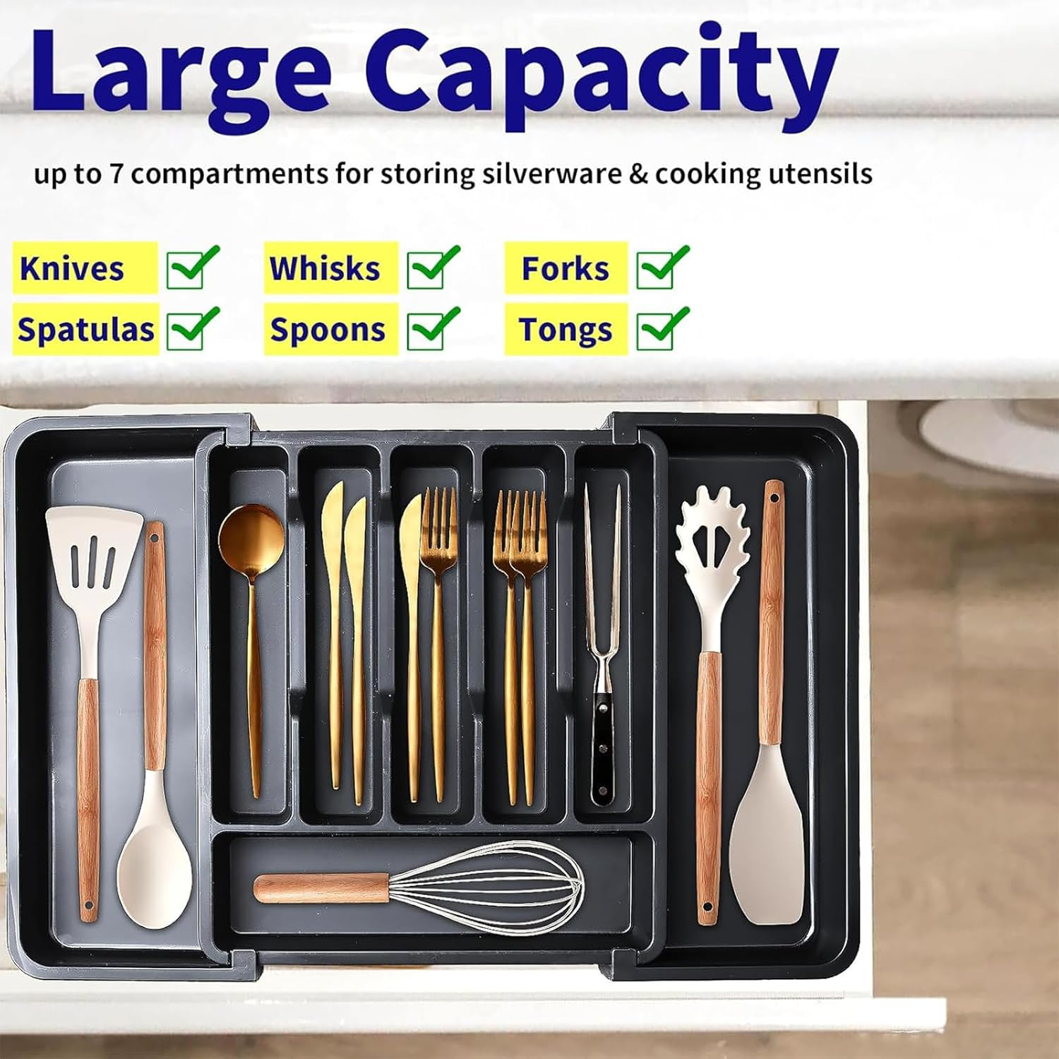 Expandable Cutlery Drawer Organizer, Flatware Utensil Tray for Kitchen, Adjustable Cutlery Storage for Forks, Knives, Multipurpose Kitchen Organizers (Black) image number 3