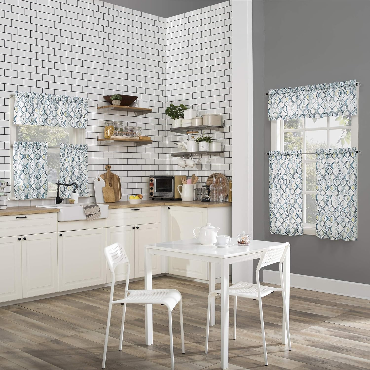 No. 918 Barker Geometric Semi-Sheer Rod Pocket Kitchen Curtain Valance and Tiers Set, 54" X 36", White image number 3