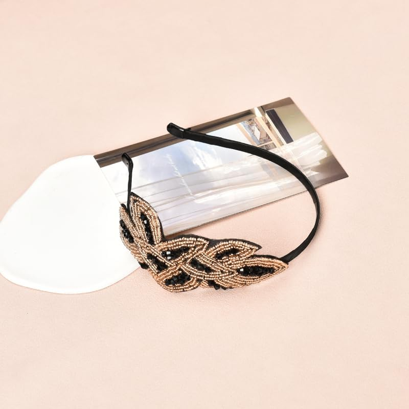 YALLNASL Vintage 1920S Flapper Headband for Women, Rhinestone Beaded, No Slip, 15'' Length, 1 Count (Pack of 1), Black and Gold with Rhinestone, Perfect for Themed Parties, Women, Girls - Black And Gold image number 3