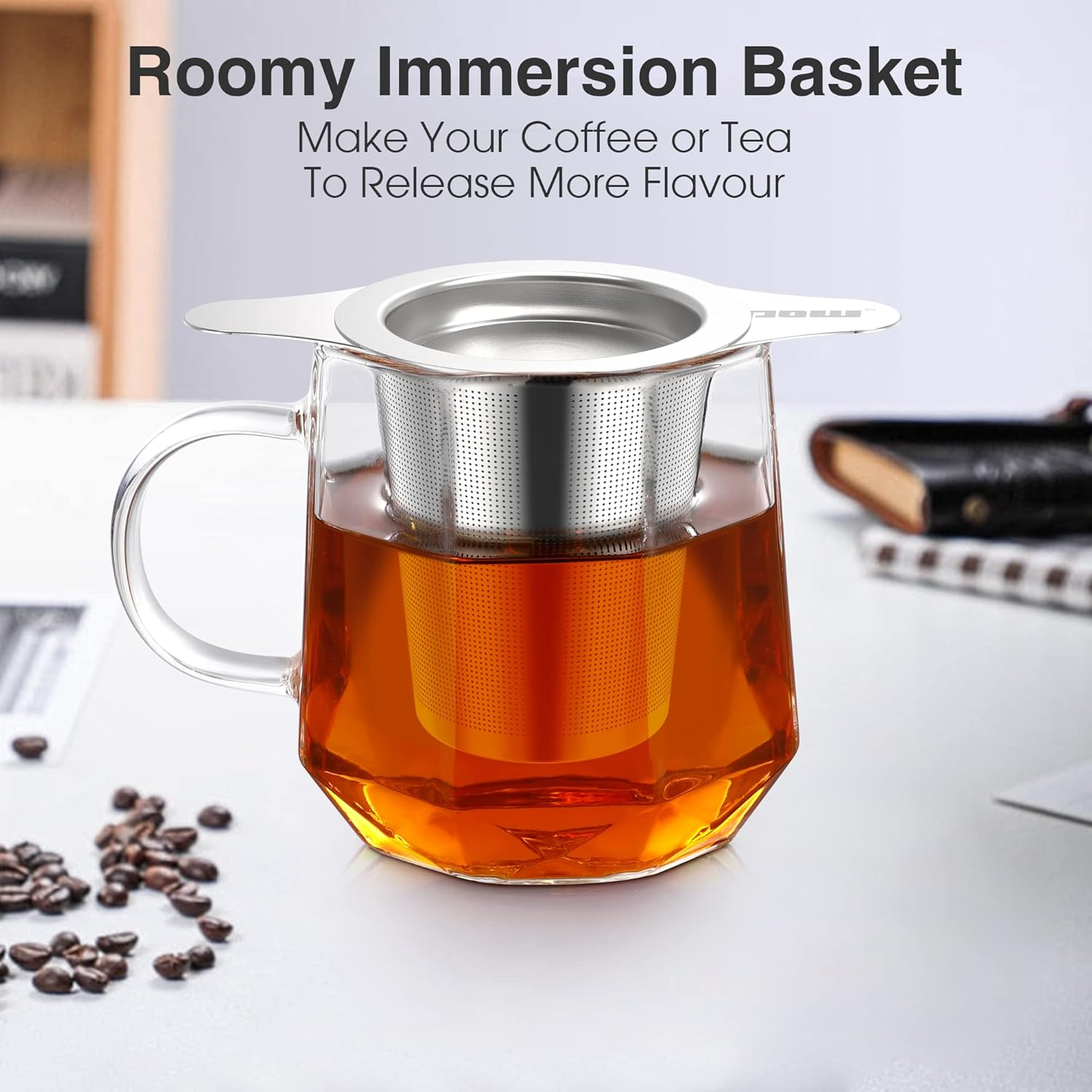 IPOW Reusable Stainless Steel Coffee Filter, Paperless Coffee Maker Strainer, Double Fine Mesh Basket for Loose Tea& Ground Coffee, Coaster Lid, Long Handle for Cup, Mug &Teapot image number 3