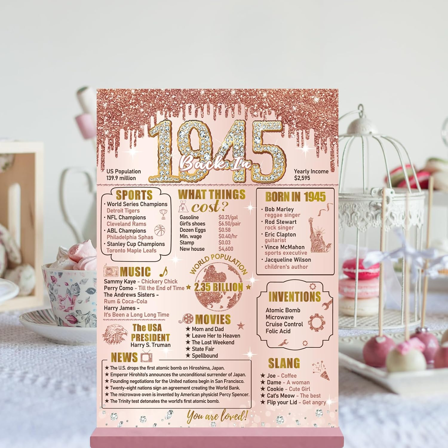 Bumqviy Happy 80Th Birthday Decorations Back in 1945 Table Sign for Women, Pink Rose Gold Happy 80 Birthday Two-Sided Wooden Poster with Stand, Eighty Year Old Birthday Gift Party Supplies image number 3
