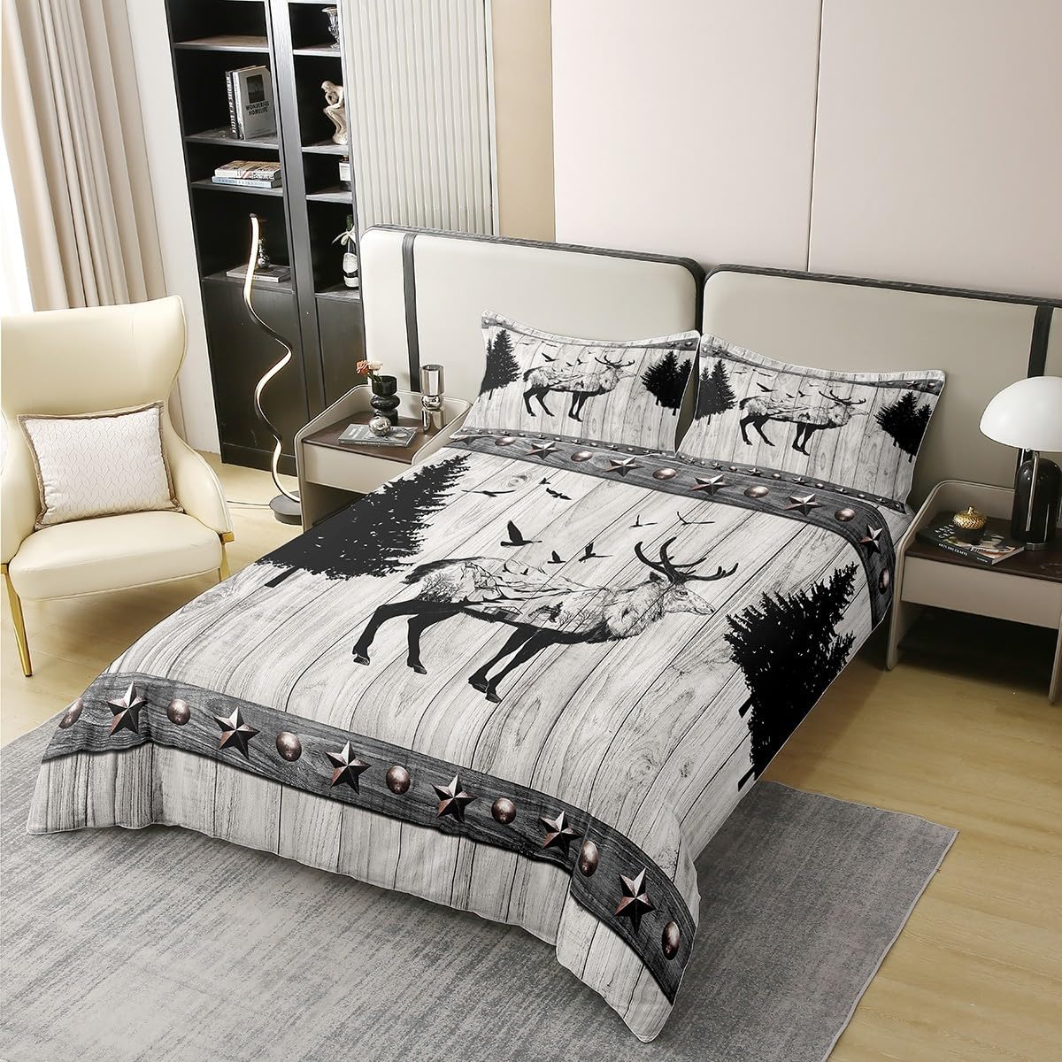 100% Natural Cotton Hunting Deer Elk Duvet Cover, Rustic Farmhouse Style Comforter Cover 220 X 240, Camping Forest Adventure Bed Linen, Country Old Barn Door Quilt Cover Cabin Decor, Black Grey image number 4