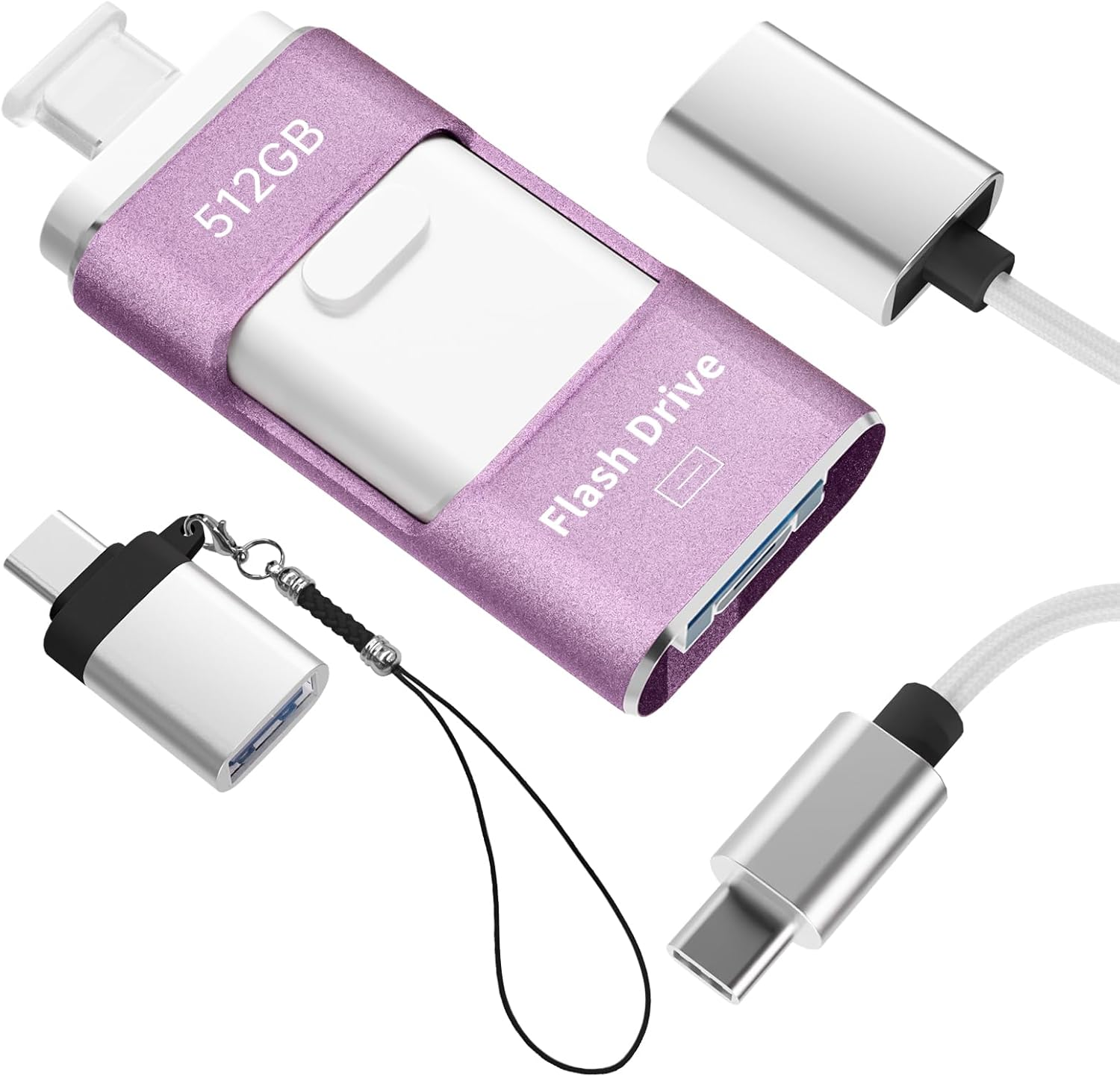 512GB 4In1 USB Flash Drive for Phone, No App Needed,Photo Stick, USB 3.0 Memory Stick for Data Storage, Compatible with Phone,Pad,Android and PC, Includes USB-C Cable, Adapter & Lanyard (Purple) - Gold image number 6