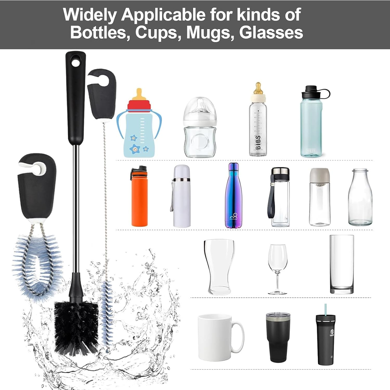 Water Bottle Brush: 3-Piece Set with Bottle Brush, Straw Brush, Lid Brush. Stainless Steel Handle, 15-Inch Long, Ideal for Cups, Wine Glasses, Mugs&mdash;Practical Kitchen Cleaning Tools, Black.
