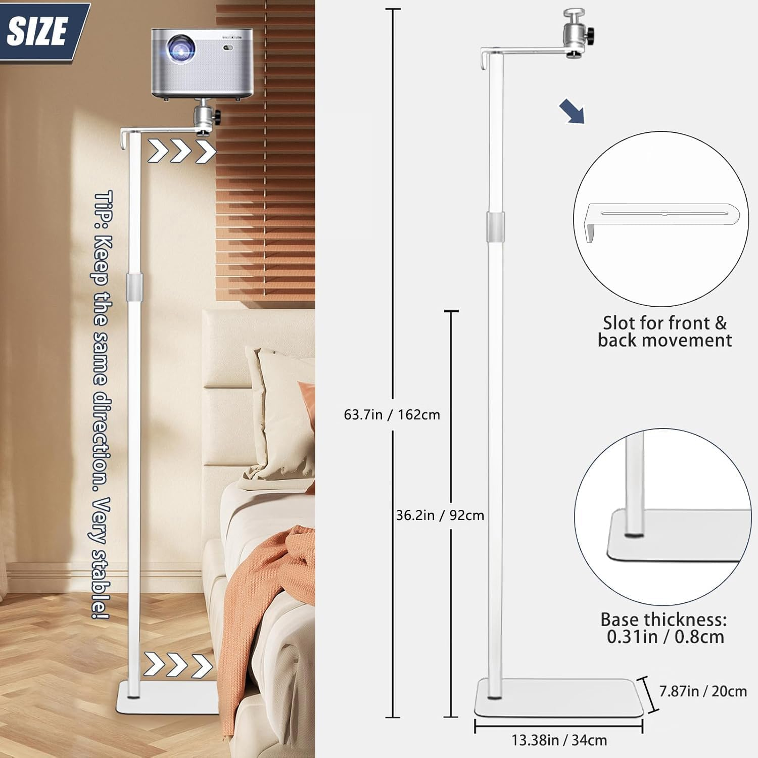 2-Be-Best Projector Mount Stand Upgraded Large Ball Head Projector Floor Stand Adjustable Height 36-63In / 92-162Cm Universal Projector Stand for Bed Sofa Compatible with HAPPRUN Anker XGIMI White - Black image number 4