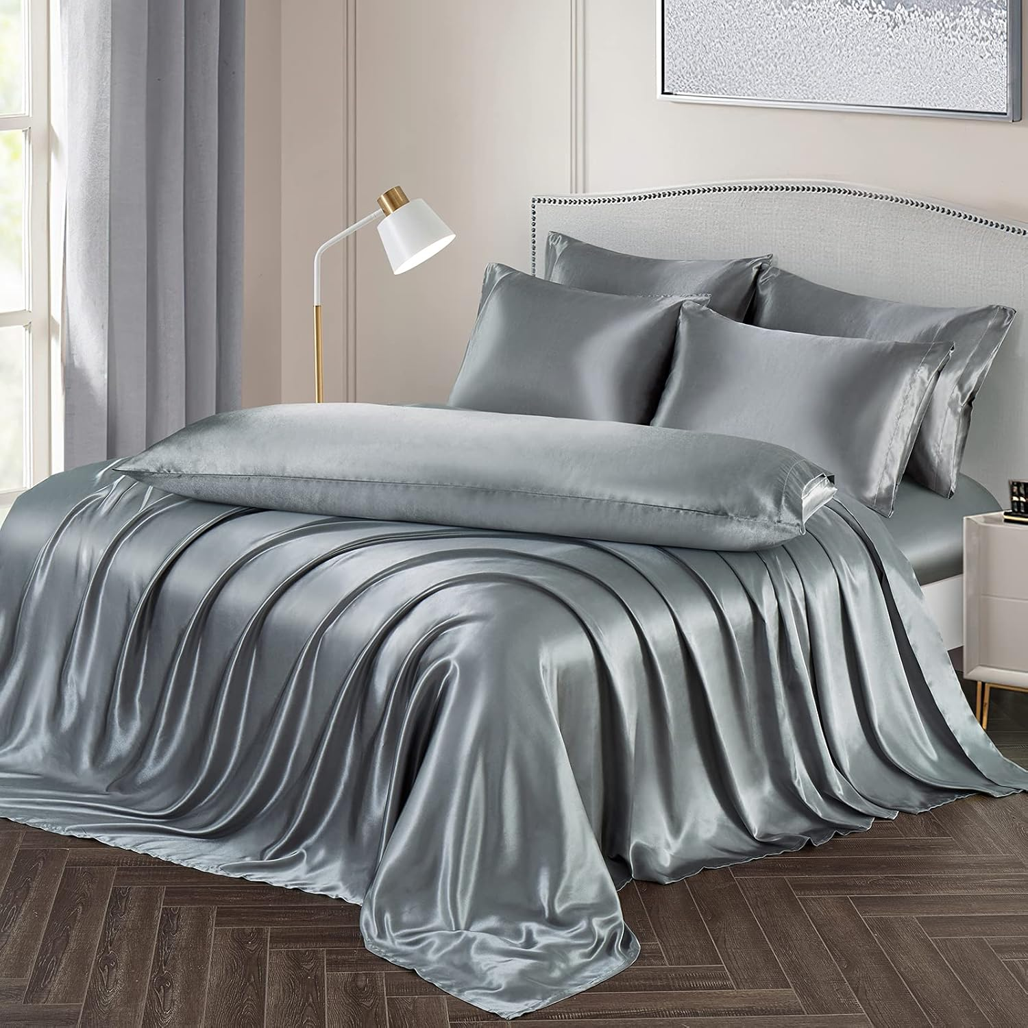 Ersmak 7 Pieces Satin Sheets Set Queen Size, Luxury Silky Grey Satin Bed Sheets Set with 1 Deep Pocket Fitted Sheet, 1 Soft Flat Sheet, 4 Queen Pillowcases and 1 Body Pillowcase image number 2