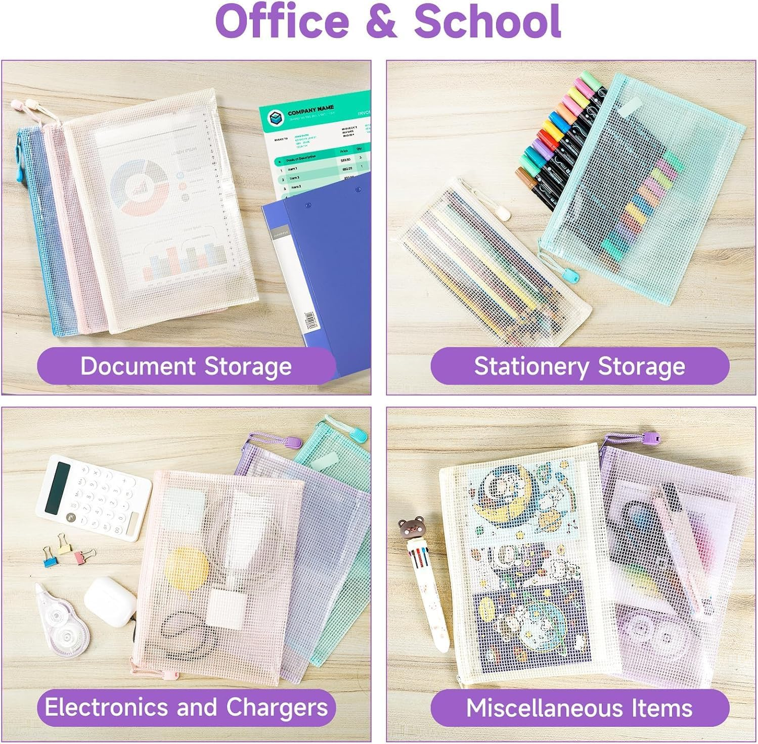 OSYLICT 15Pcs Mesh Zipper Pouch Bags,A4 A5 A6 Plastic Zip File Wallet Folders,Waterproof Clear Travel Document Storage Bag,5 Colors, Multipurpose for School Office Home Supplies