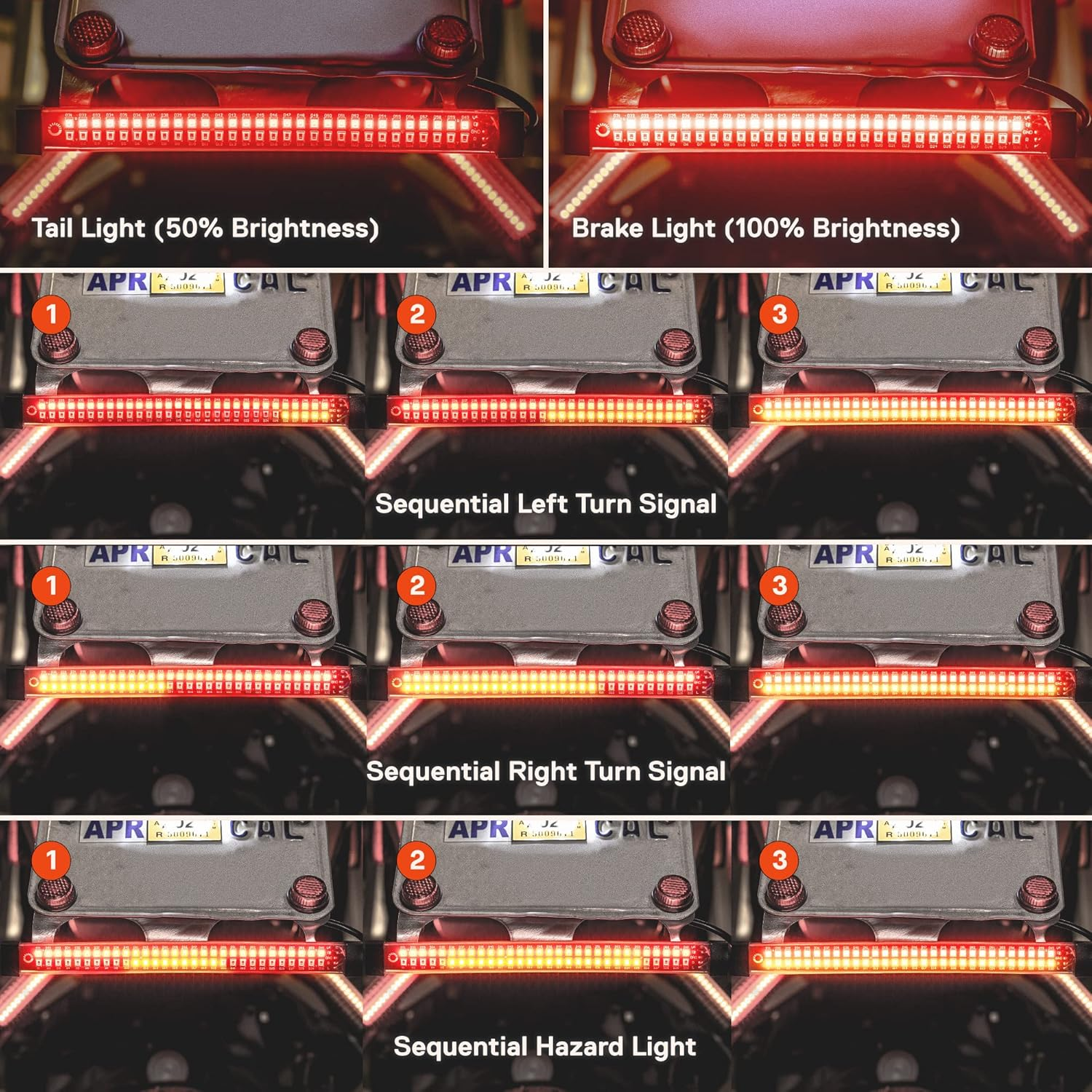 TRUE MODS 1Pc 8" LED Motorcycle Turn Signal & Brake Taillight Strip [Waterproof] [Dual Row] [RED Tail & Brake] [AMBER Sequential Blinker] Self Adhesive Surface Mount Flexible Lamp for ATV Dirt Bike image number 6