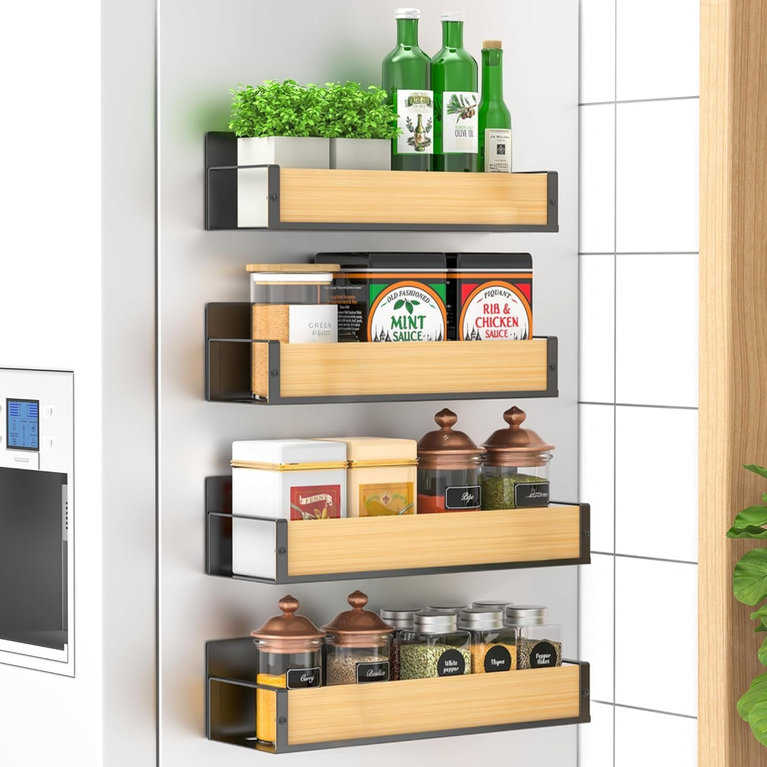 AVITONG Magnetic Bamboo Spice Rack for Refrigerator Side, 4 Pack Strong Magnet Organizer Shelf for Kitchen Storage, No Hooks, Space Saver