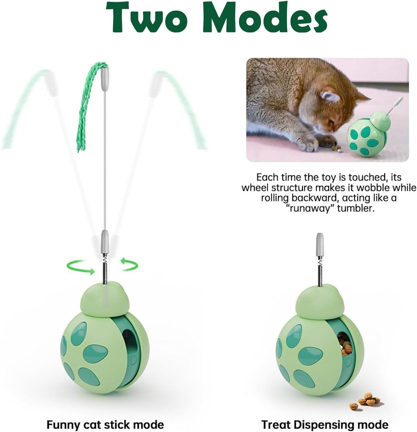 TKINRIC Interactive Cat Toy for Indoor Cats,Attractive Cat Treat Dispenser, Cat Puzzle Feeder, Tumbler Kitten Toys with Cat Wand,Cats Presents for Exercise/Boredom Relief(Green)