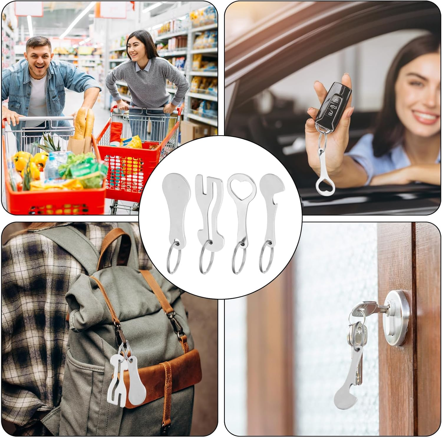 4 Pcs Stainless Steel Shopping Trolley Token Remover with Aluminium Alloy Key Ring, Portable Shopping Trolley Token Remover Tool for Unlocking Carts & Opening Bottles image number 3
