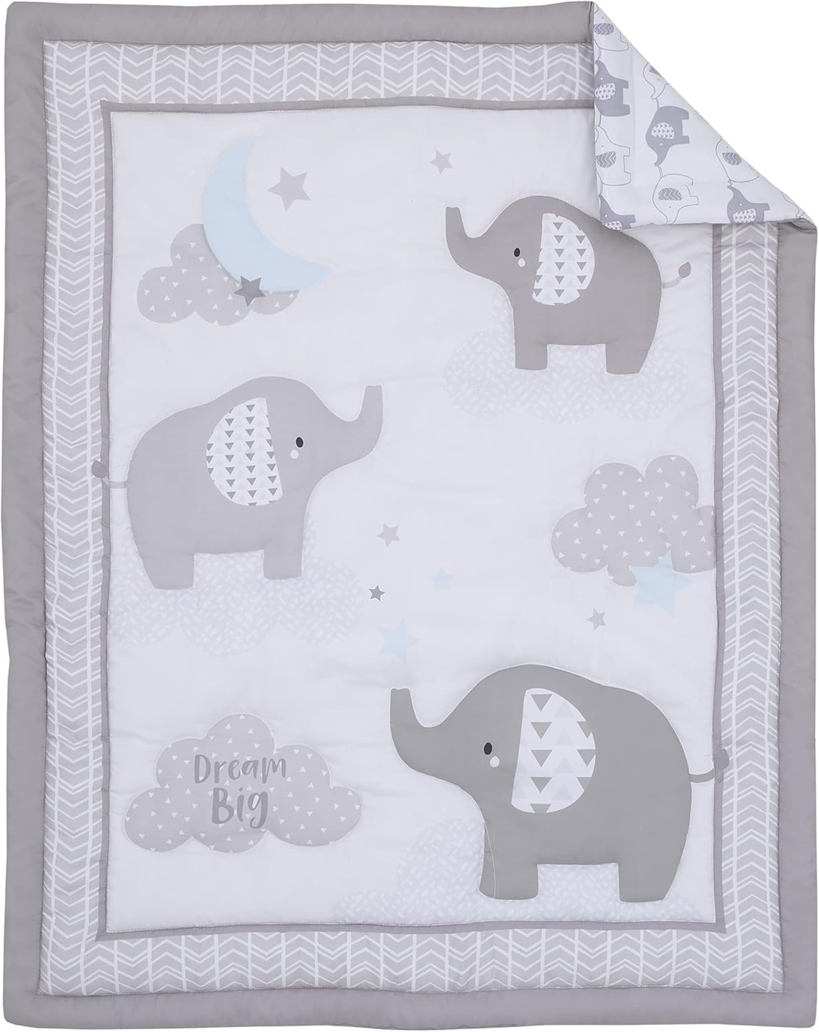 Nojo Elephant Stroll Dream Big Clouds & Stars with Chevron Border 3Piece Nursery Mini Crib Bedding Set - Comforter, & Two Fitted Mini Crib Sheets, Grey, White, Charcoal, Blue - Elephant Stroll Dream Big image number 6