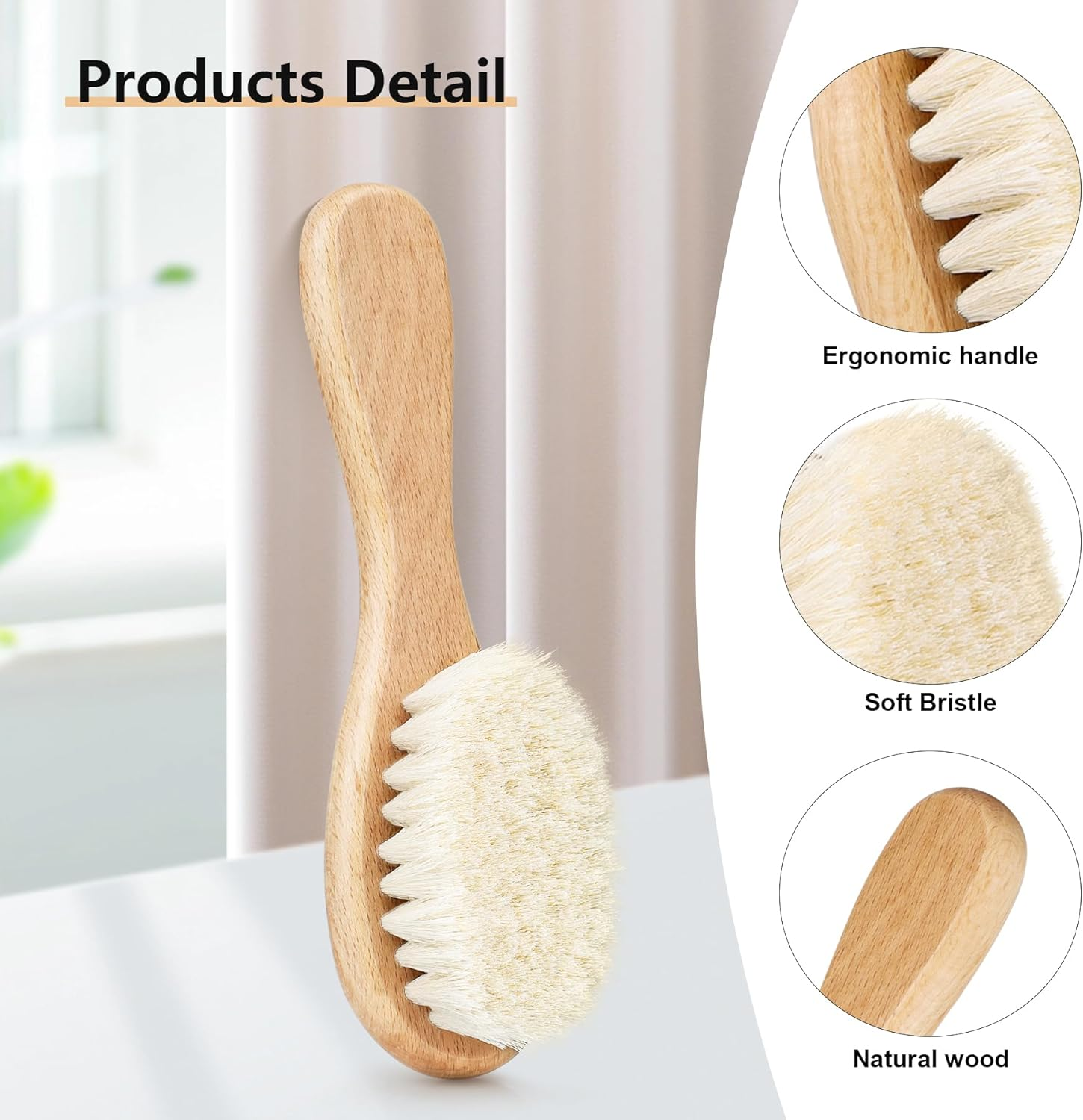 3PCS Baby Hair Brush with Wooden Handle and Comb Set for Newborns & Toddlers | Natural Soft Goat Bristles L Wood Comb L Pink Silicone Brush| Ideal for Cradle Cap image number 4