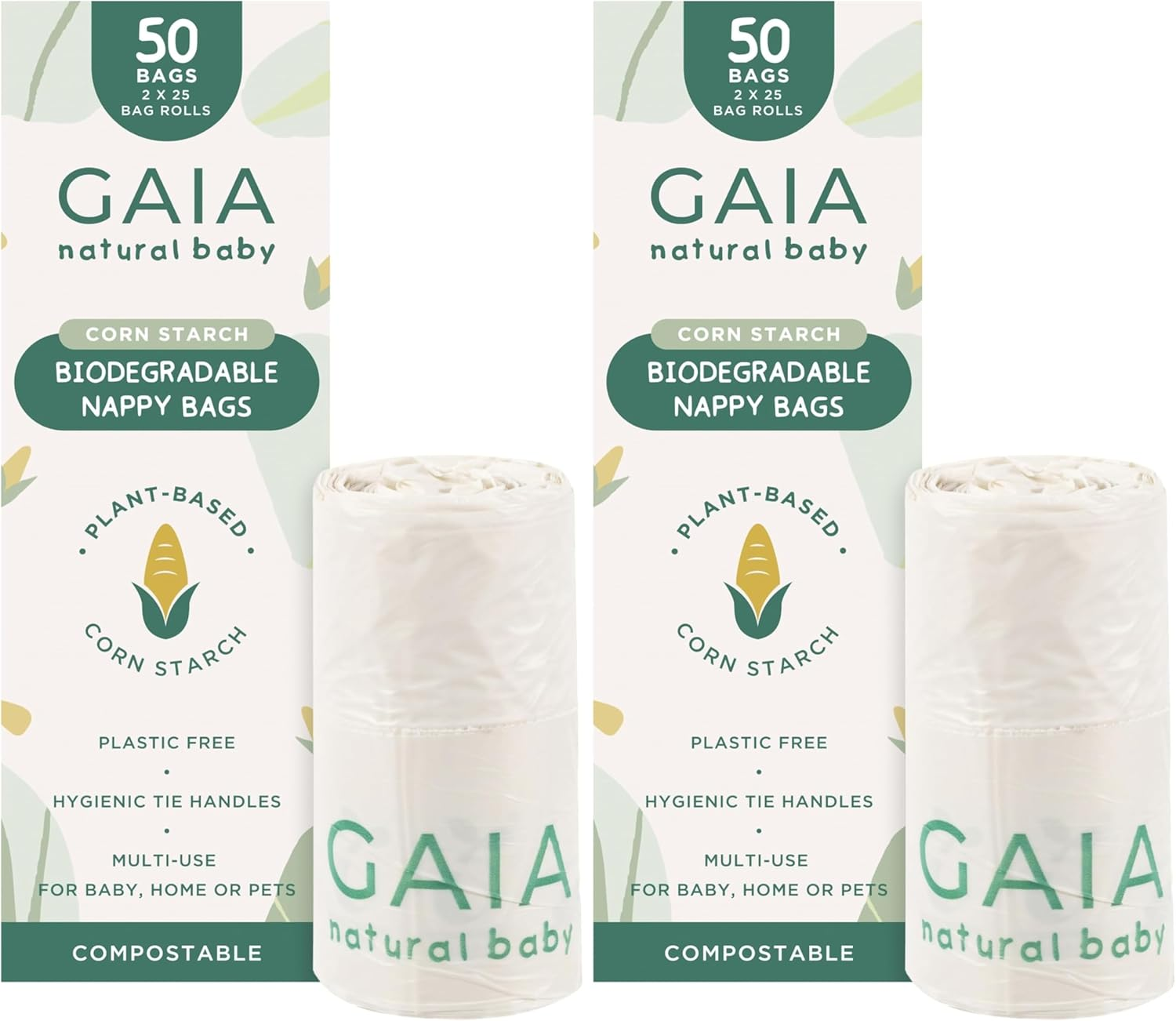 GAIA Natural Baby Biodegradable Nappy Bags | Plastic Free Cornstarch Bags | Easy‑Tie Handles | Hygienic Nappy Disposal | Eco‑Friendly & Compostable | Australian Brand | 50Pk image number 5