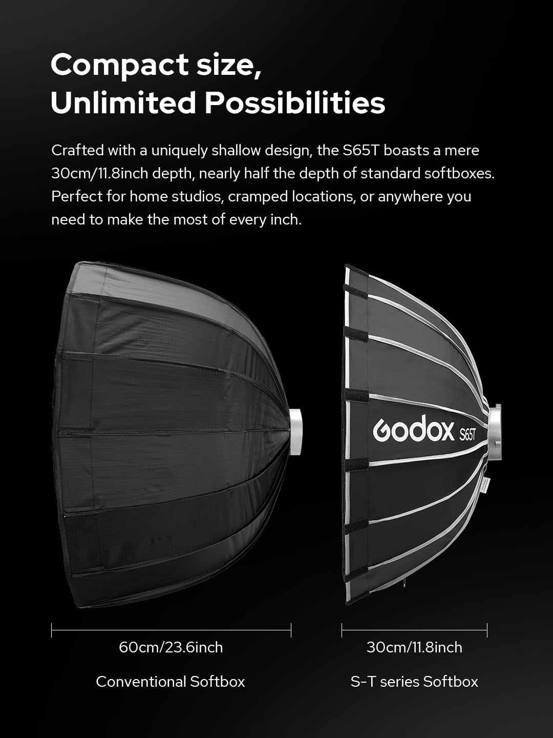 Godox Softbox Godox S65T 65Cm/25.6In Quick Release Umbrella Softbox, Bowens Mount with Removable Front and Inner Diffusers for Photography, Live Streaming and Travel image number 3