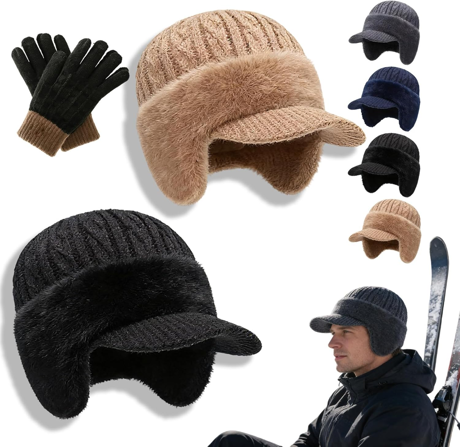 Blocking Knitted Hats with Ear Flaps and Wool Brim, Winter Fleece Lined Warm Baseball Beanie Knit Hat for Men&Women