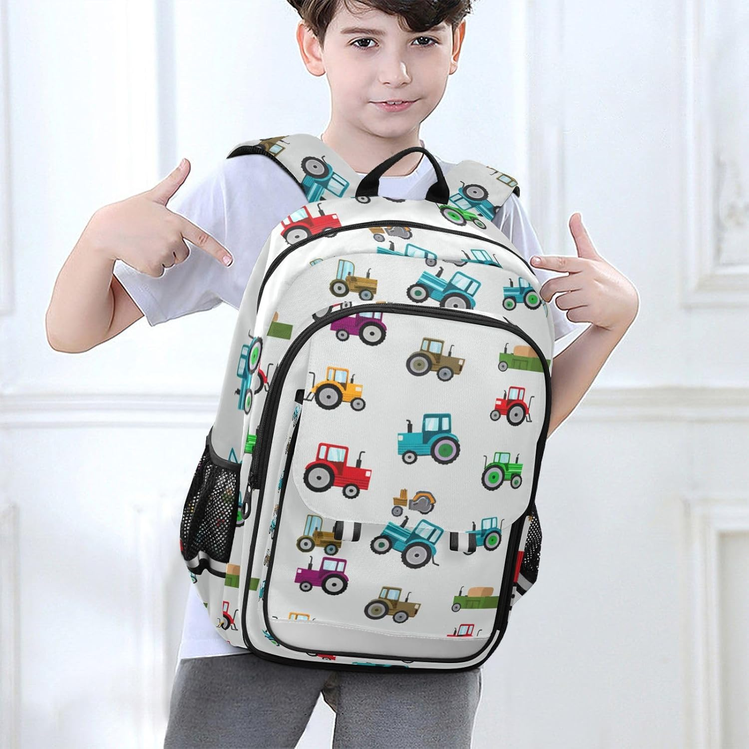 RPLIFE Colorful Tractors Gray Kid Bookbag 17 Inch Backpack for Elementary School, Colorful Tractors Gray, One Size, Traditional Backpacks image number 5