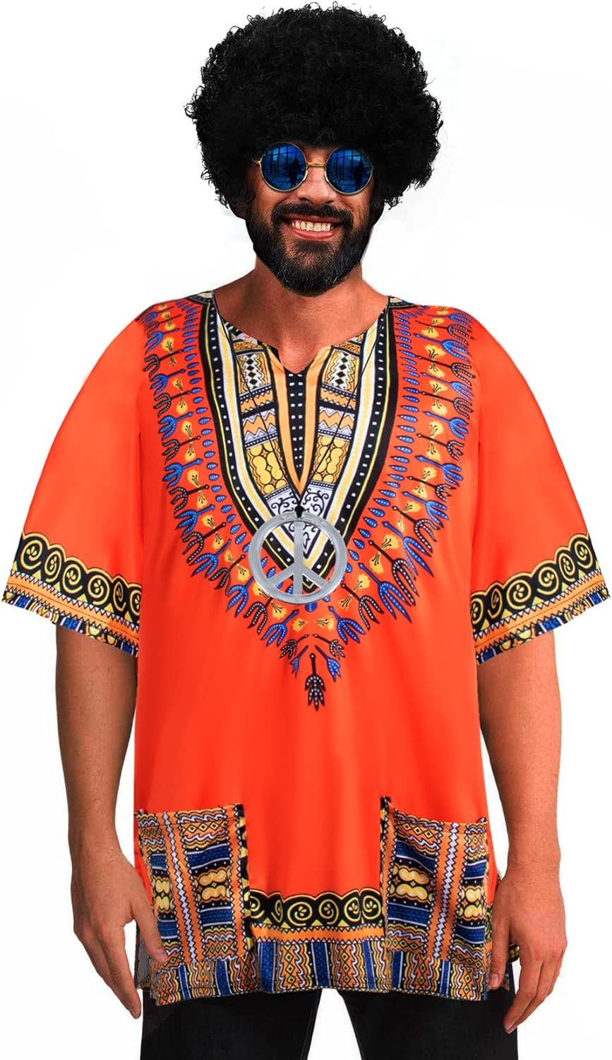 4 PCS Hippie Costume for Mens 60S 70S T-Shirt Afro Wig Accessories Set for Party Cosplay image number 1