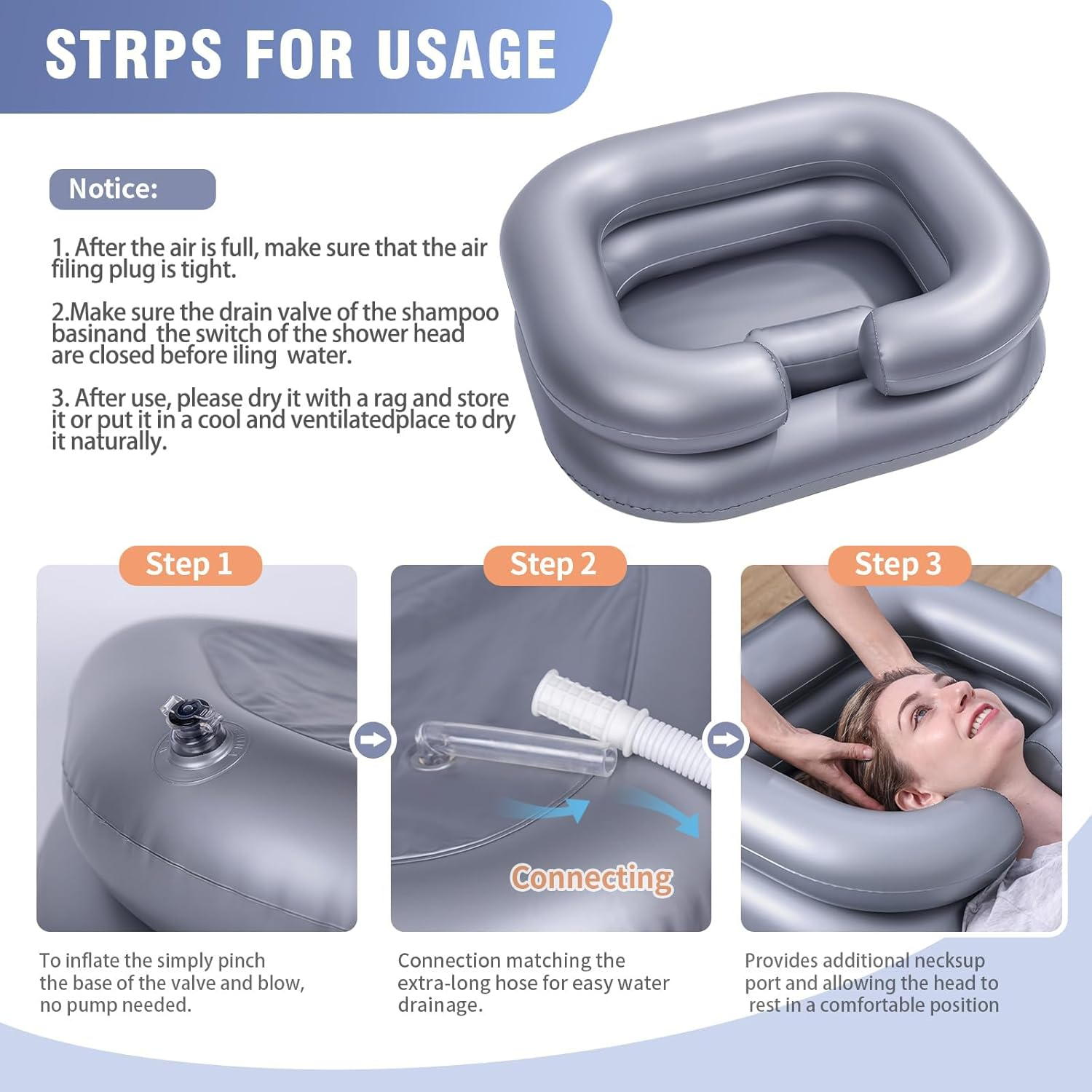 Cozioz Portable Inflatable Shampoo Bowl - Hair Washing Basin for Home Care & Pregnant Women, Salon & Dreadlock Wash Sink (Silver)