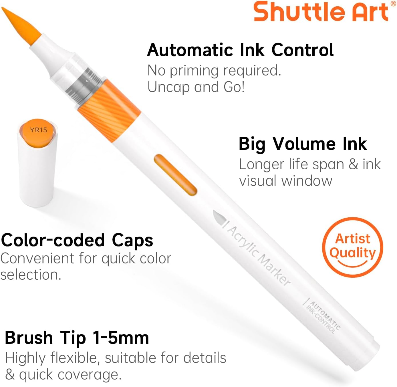 Shuttle Art Automatic Ink Control Acrylic Paint Markers, 36 Colors Brush Tip Acrylic Paint Pens for Rock Painting, Ceramic, Wood, Canvas, Glass, Stone, Fabric, Card Making, DIY & Art Supplies image number 2