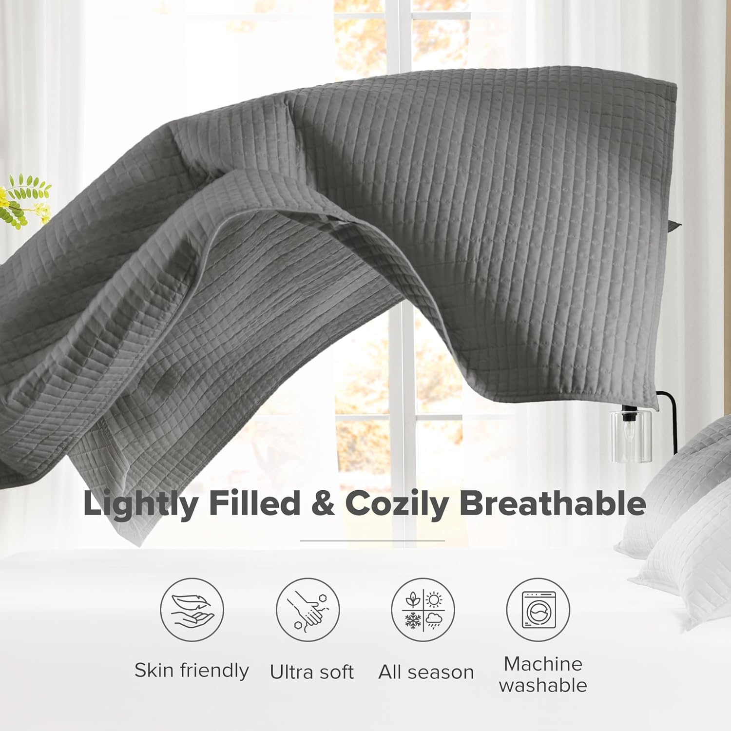 Comfort Spaces Kienna Quilt Set-Luxury Double Sided Stitching Design Summer Blanket, Lightweight, Soft, All Season Bedding Layer, Matching Sham, Charcoal Grey, Coverlet King (104"X90") 3 Piece image number 5