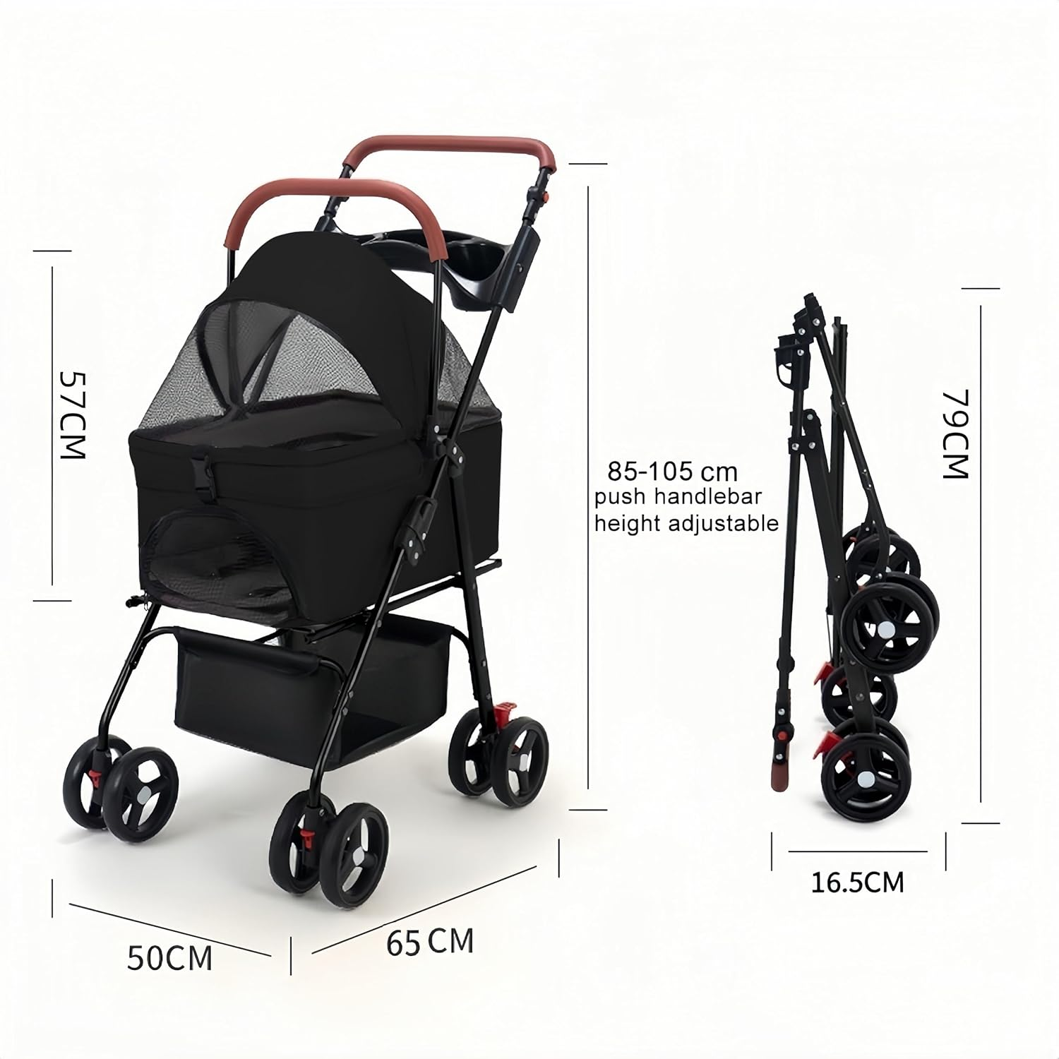 Pet Stroller-Folding 4 Wheels Cat/Dog Stroller for Medium Small Pets with Storage Basket and Cup Holder Suitable for Going Out and Traveling (Black) - Black image number 2