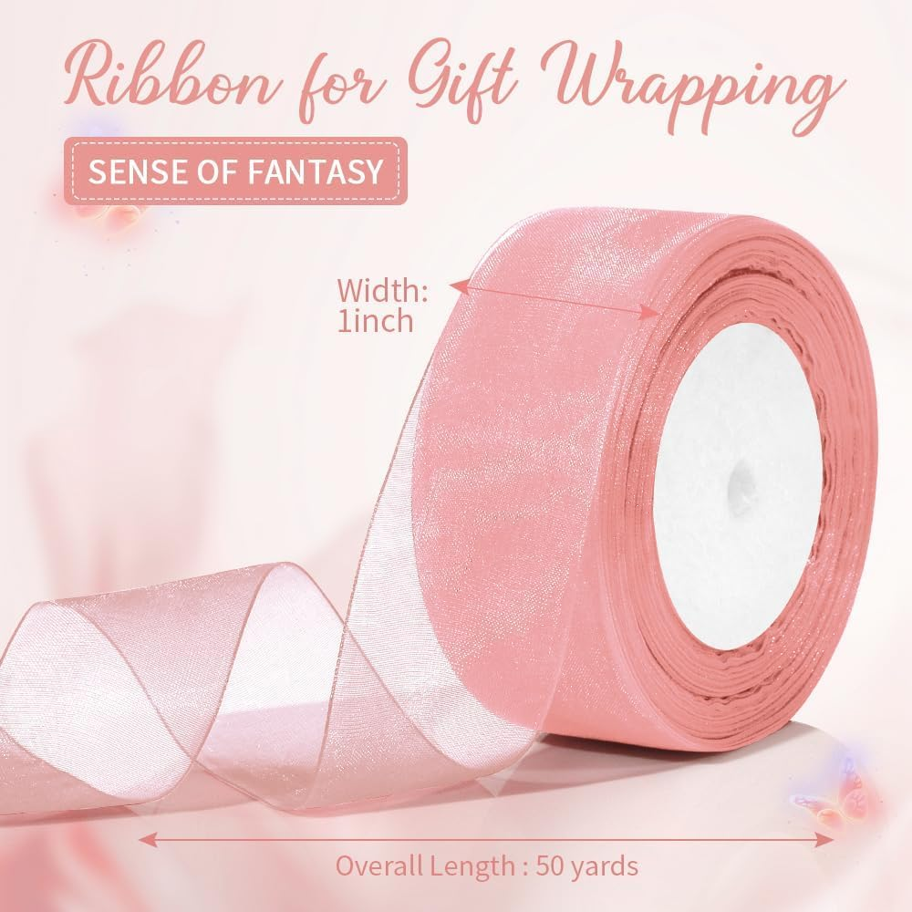 Pink Ribbon 1 1/2 Inch Christmas Organza Ribbon Pink Chiffon Ribbon Sheer Ribbon 50 Yd Tulle Pink Ribbon for Gift Wrapping Halloween Ribbons for Crafts Hair Bows Flower Bouquet Wedding Champagne Pink