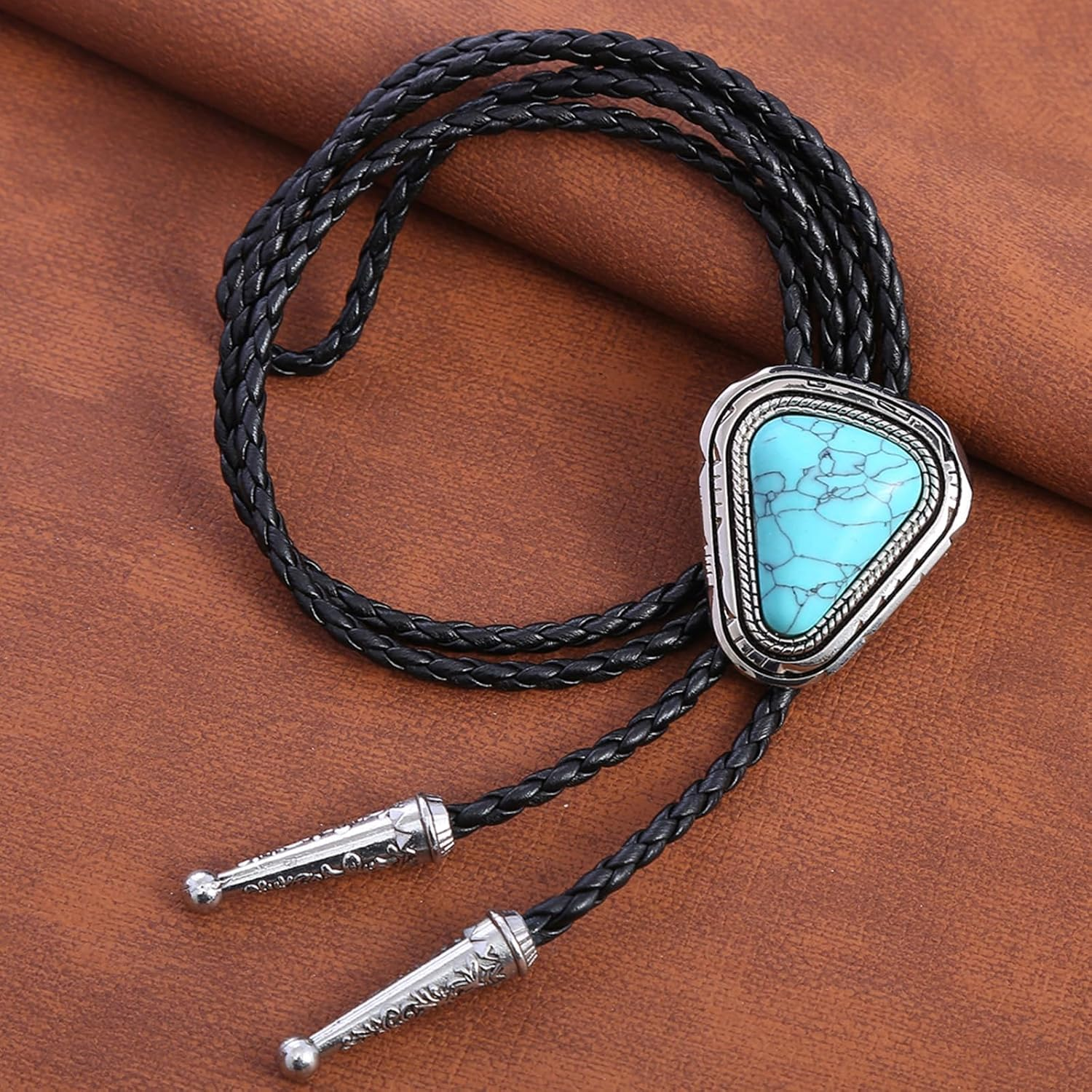 Turquoise Bolo Tie for Men, Leather Braided Necktie, Western Cowboy Style, Costume Accessory image number 5