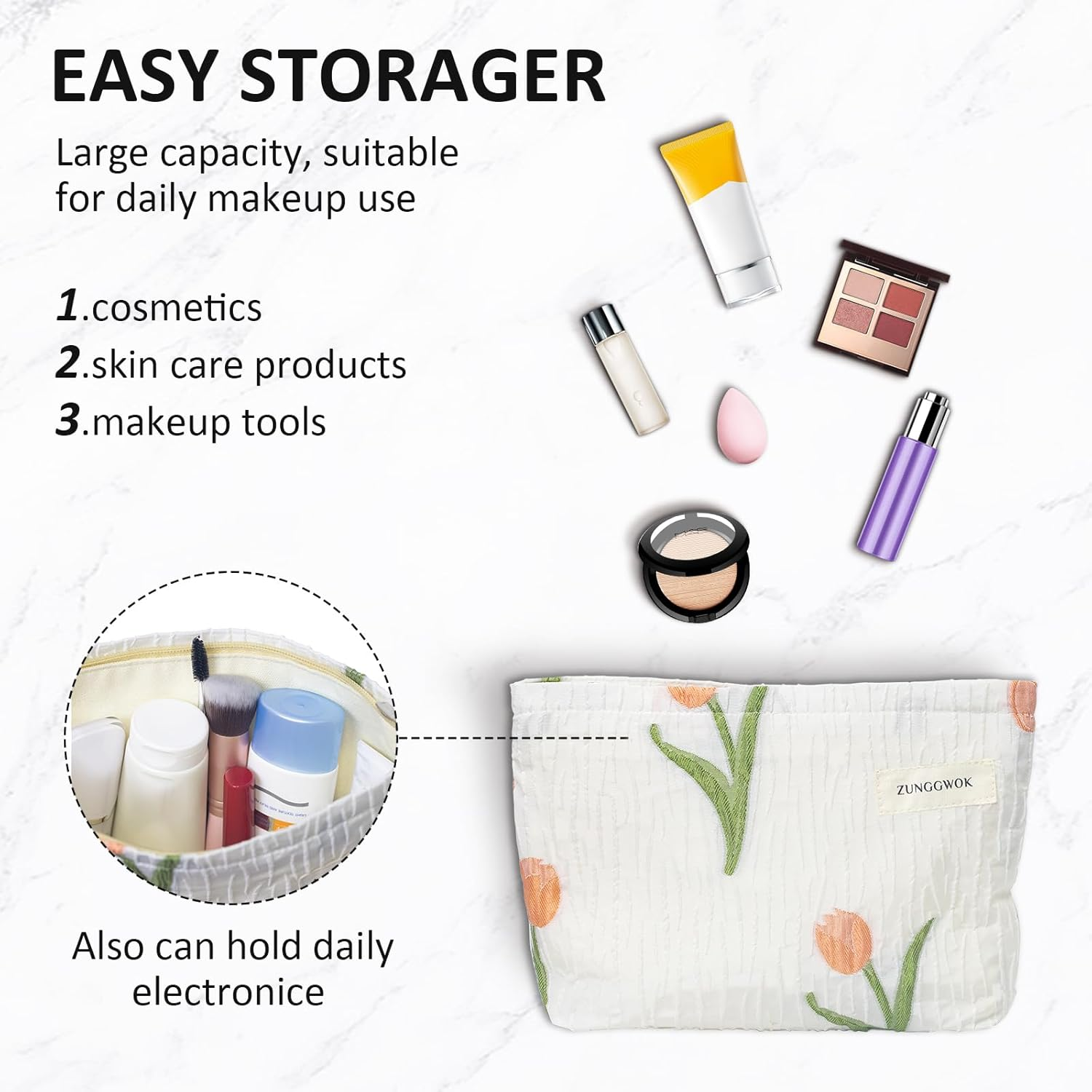 Floral Makeup Bag Cosmetic Bag for Women,Large Capacity Purse Travel Bags Toiletry Bag with Zipper Makeup Pouch (Tulip) image number 1