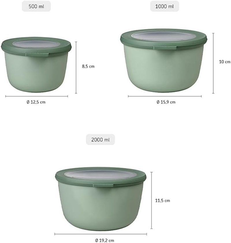 Mepal Cirqula round Food Storage Container Set of 3 (500Ml + 1000Ml + 2000Ml) &ndash; Nordic Sage, Bpa-Free Airtight & Leakproof Bowls with Lids, Microwave, Freezer & Dishwasher Safe, Made in Holland
