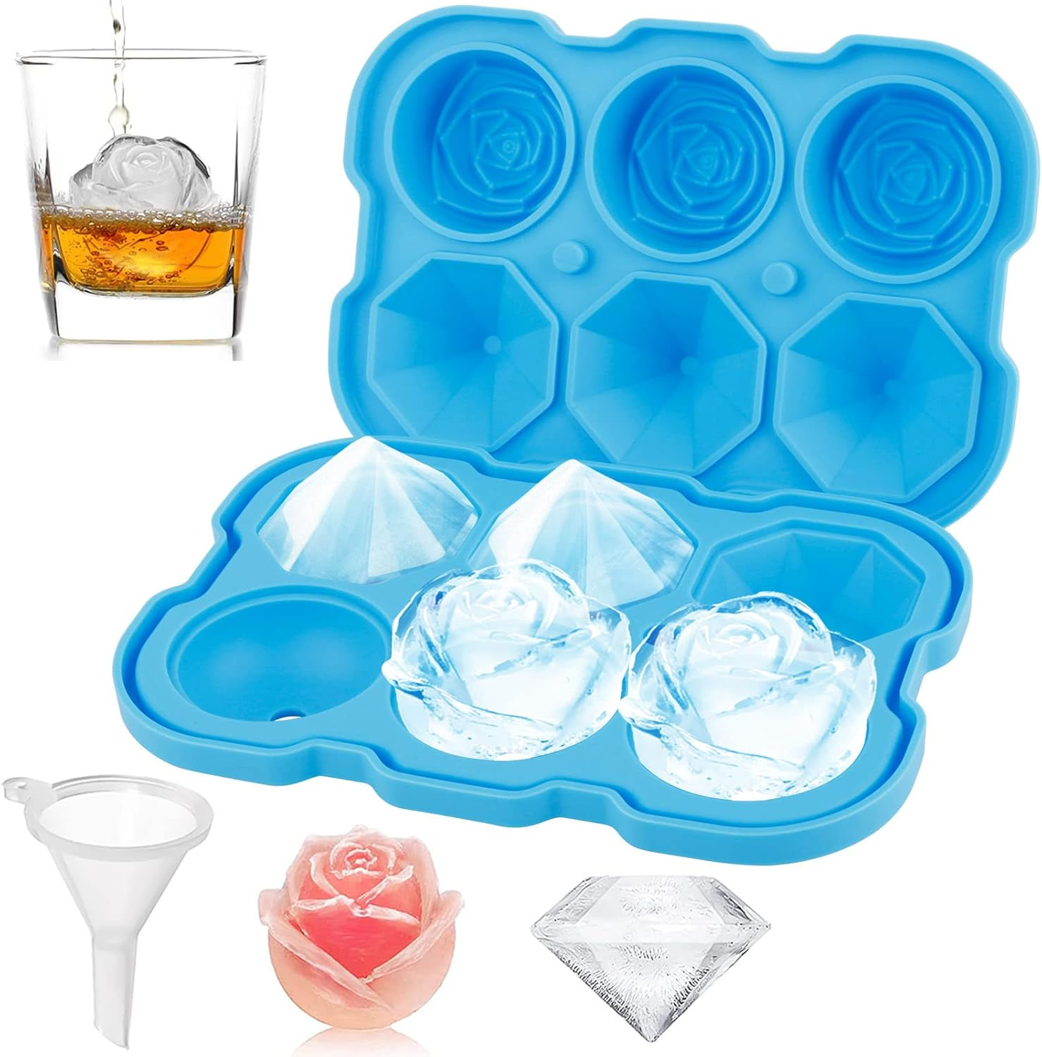 2 Inch Rose & Diamond Ice Cube Tray, 3 Cavity Silicone Rose & Diamond Ice Ball Maker, Easy Release Large Ice Cube Form for Chilled Cocktails, Whiskey, Black, 1 Piece