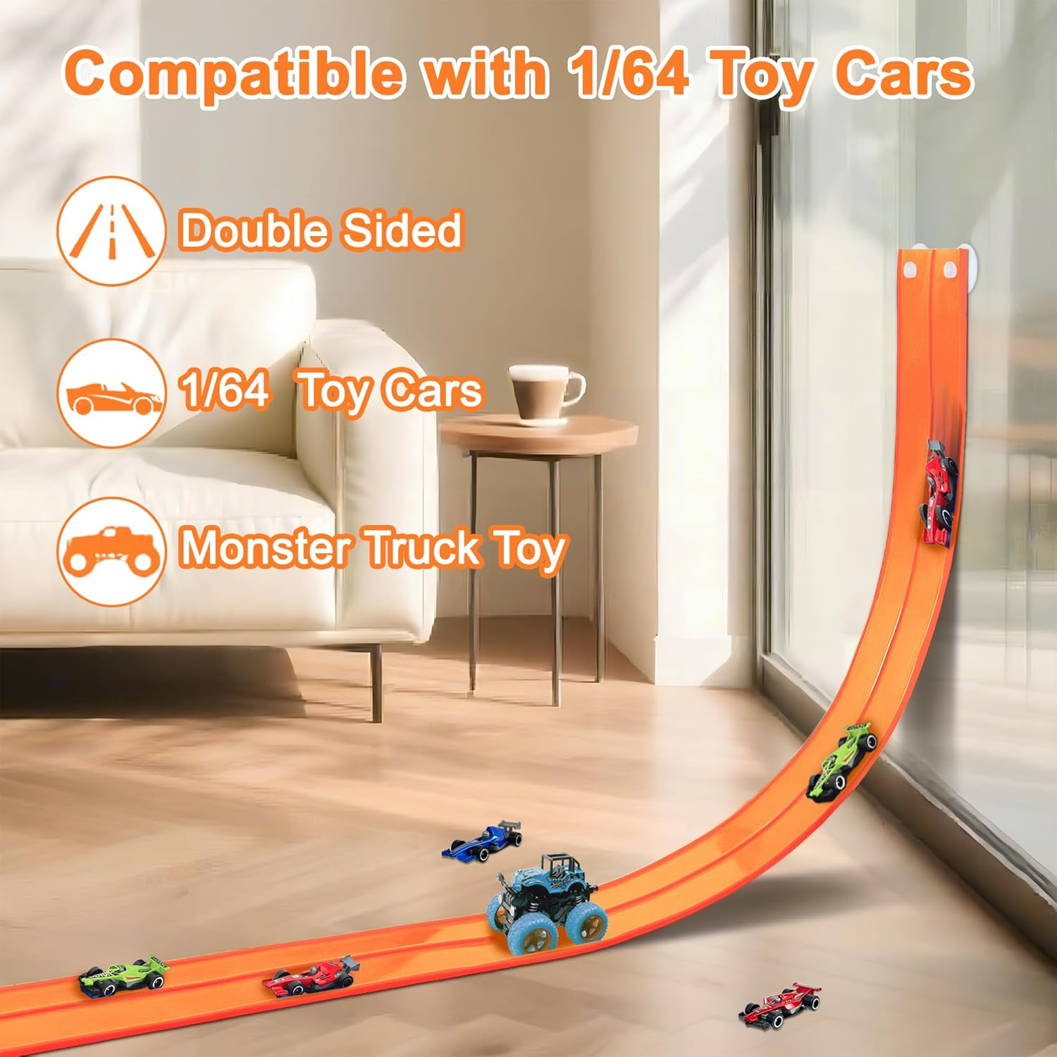 OMIPAWZ 15 Ft / 450 Cm Double Sided Flexible Race Track Set with 6 Toy Cars for Kids (Orange) image number 2
