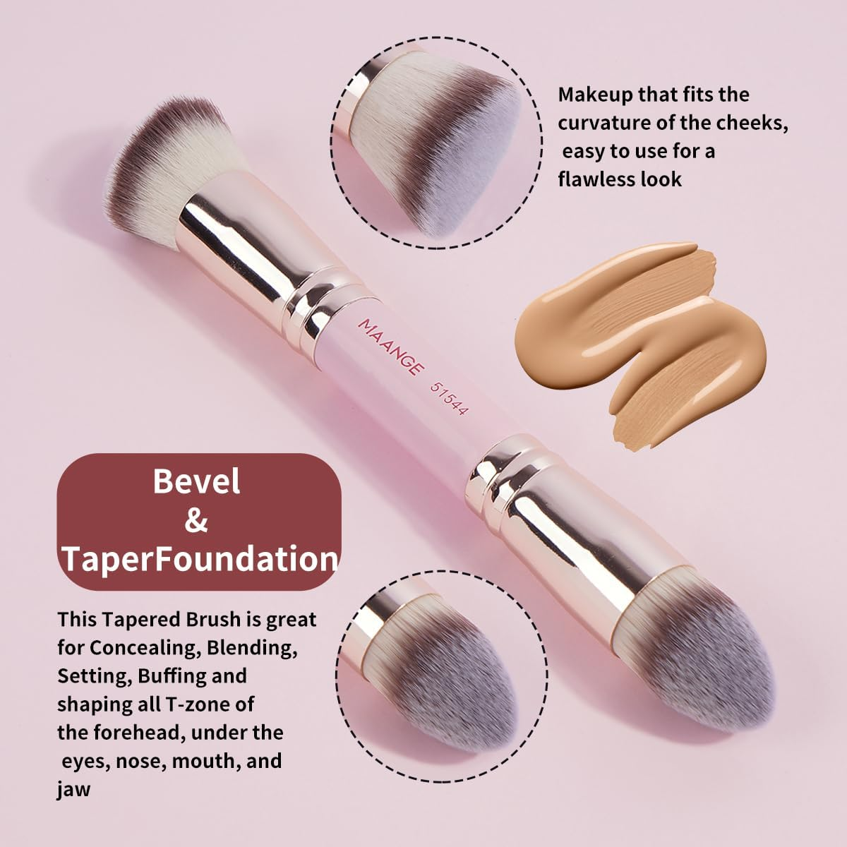MAANGE Foundation Makeup Brushes, 2Pcs Premium Double-Ended Makeup Brush (Flat/Angled/Angled Round/Tapered Top) for Buffing Liquid, Cream, Powder, Blending Contour Face Brush(Pink/Gold) image number 1
