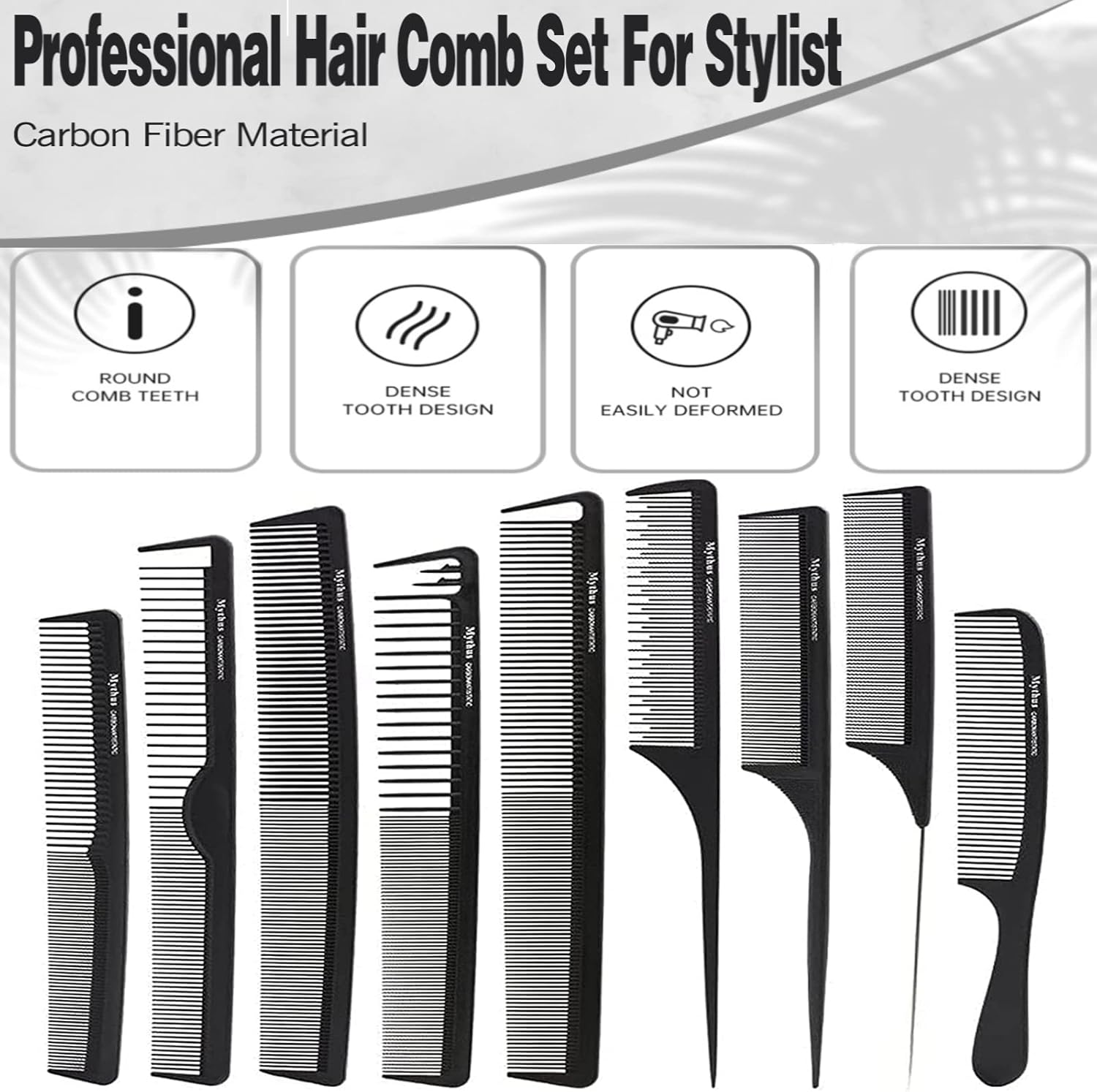 Mythus 9 Piece Black Hairdressing Carbon Comb Kit for Haircut anti Static