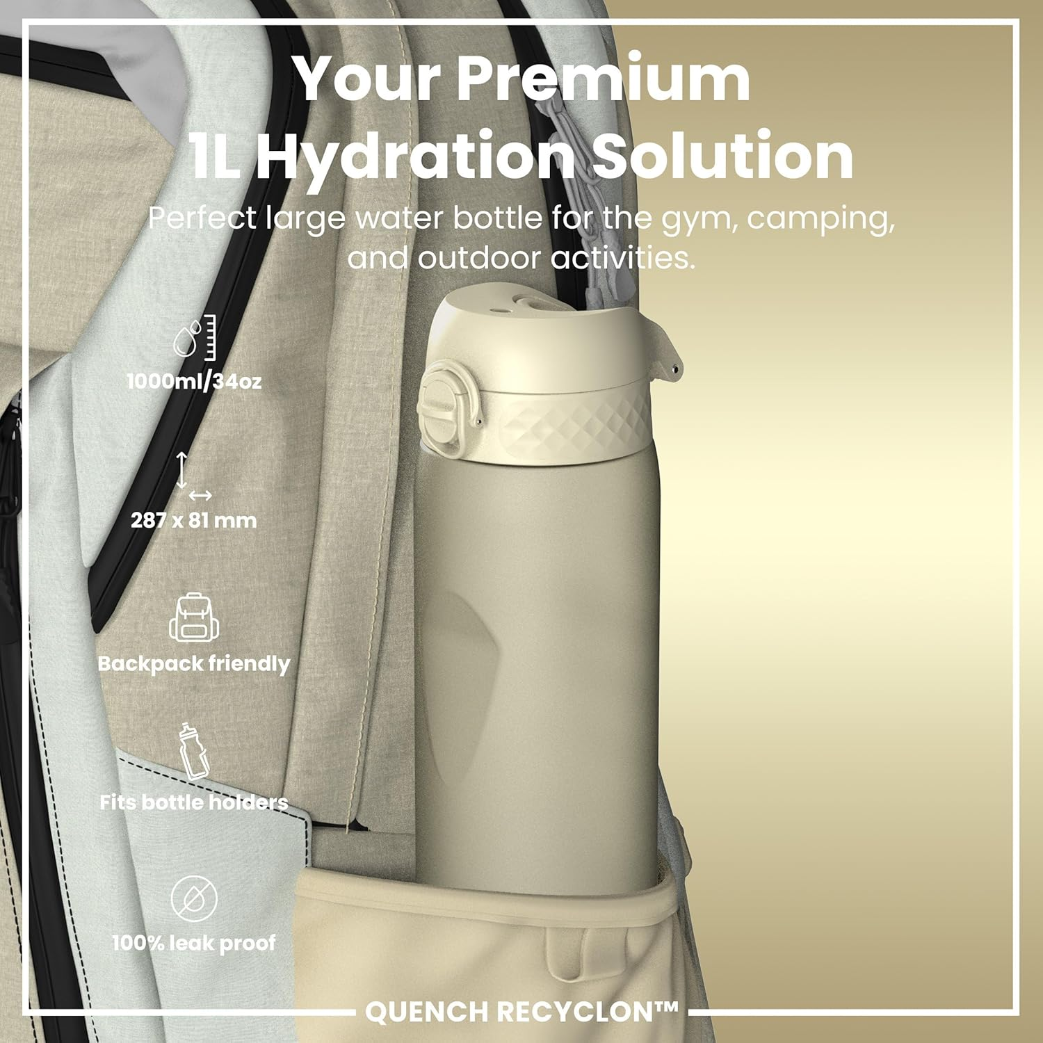 Ion8 1 Litre Water Bottle, 1000 Ml, Leak-Proof, One-Handed Opening, Secure Locking, Dishwasher Safe, Bpa-Free, Carry Handle, Easy to Clean, Ideal for Sports and Gym, Cream White image number 4