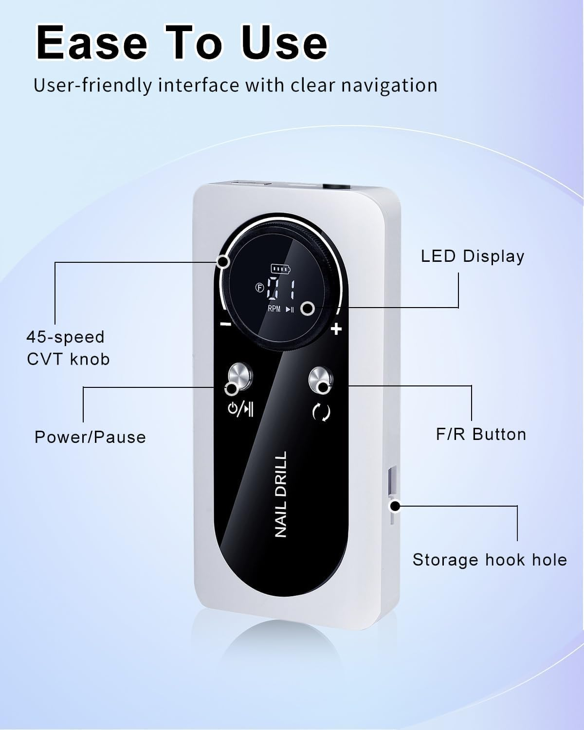 UPAUS Cordless Nail Drill Professional, 45000 RPM Rechargeable Electric Nail File Kit with Smart LCD Screen, Portable Low Noise for Acrylic, Gel Nails, Manicure, Pedicure, for Salon, Home Use (White) image number 3