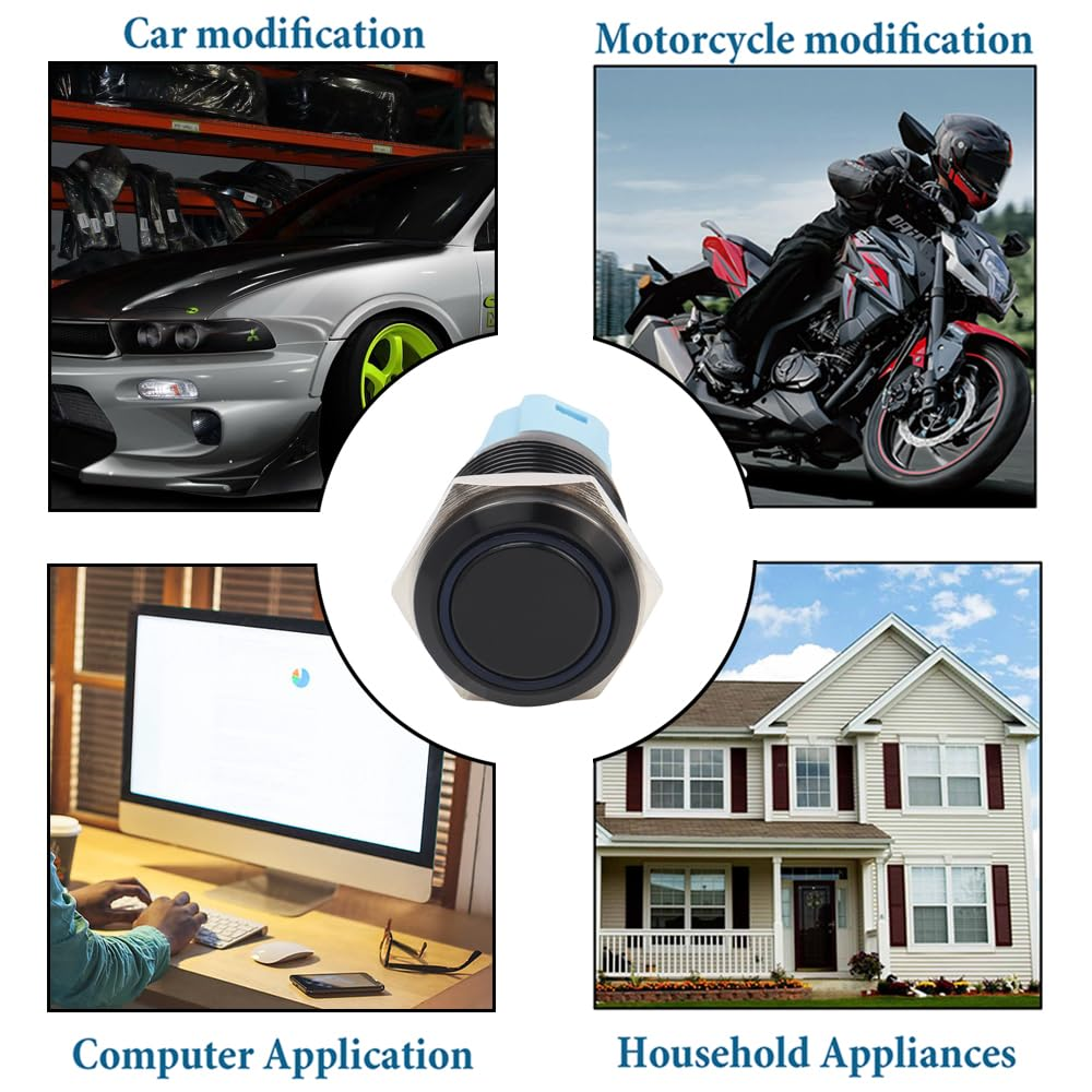 Yakamoz 2Pcs 16Mm Waterproof Latching Push Button Switches, 12V Self-Locking Button on off with Sockets Blue LED Wiring Harness for Automotive, Marine, Industrial Machinery and DIY. image number 4