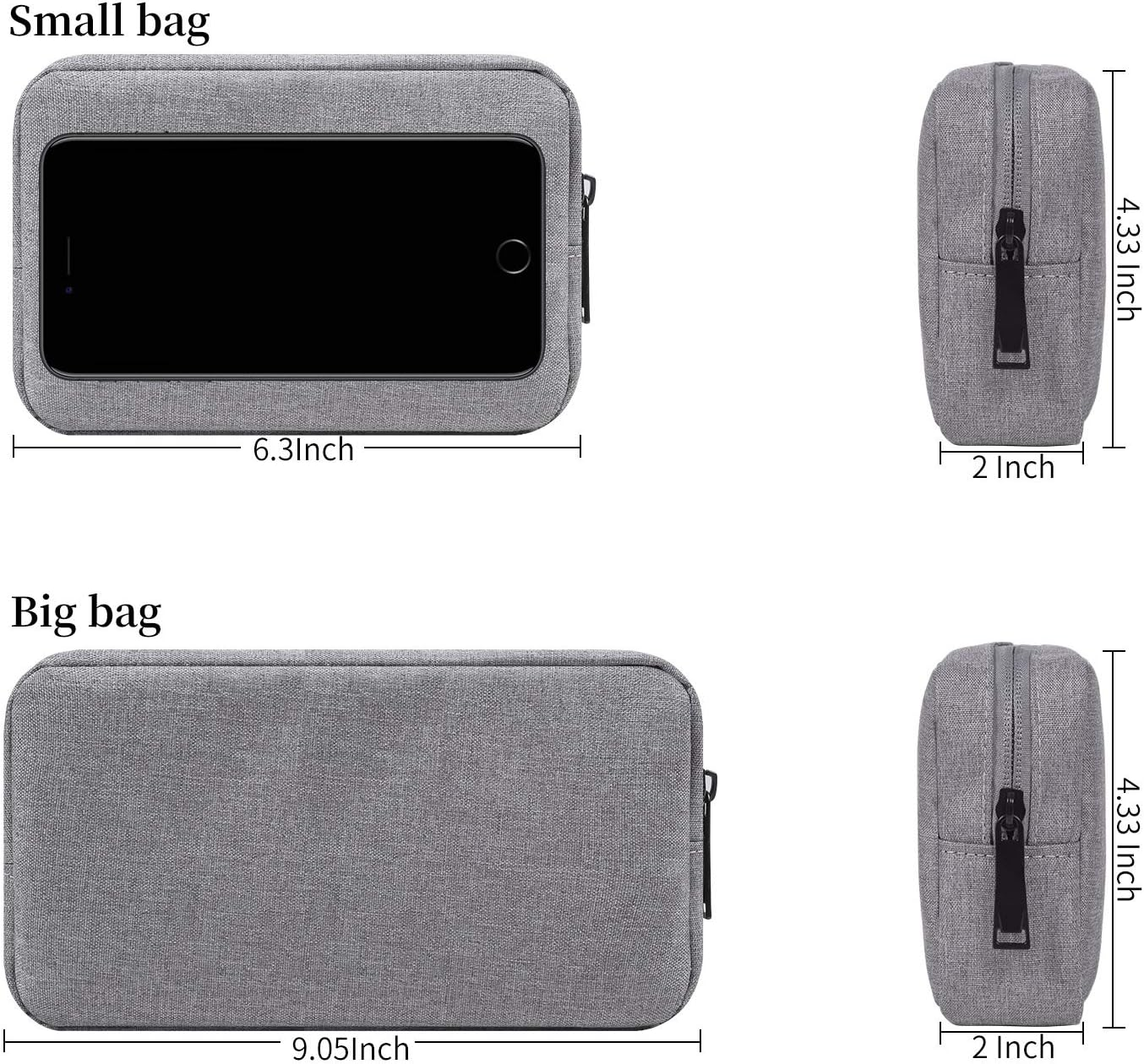 Electronics Accessories Organizer Bag,Portable Digital Storage Bag Cable,Power Bank,Charger,Charging Cords,Mouse,Adapter,Earphones More Out-Going,Business,Travel Gadget Bag,Grey(Small+Big) - Small + Big[Black X 2] image number 4