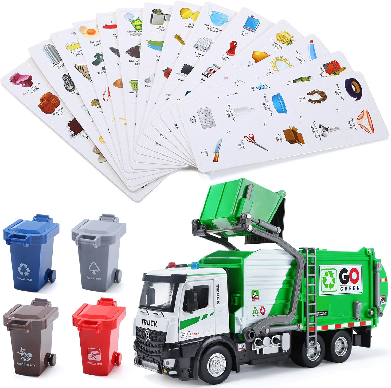 HOLYFUN 12'' Electric Garbage Truck Set with Lights & Sounds, Front Loader, Metal Cab, Friction-Powered Vehicle Cars with Dumpster, 4 Trash Bins & Sorting Cards, Play Truck Toy Kids Toddlers image number 1