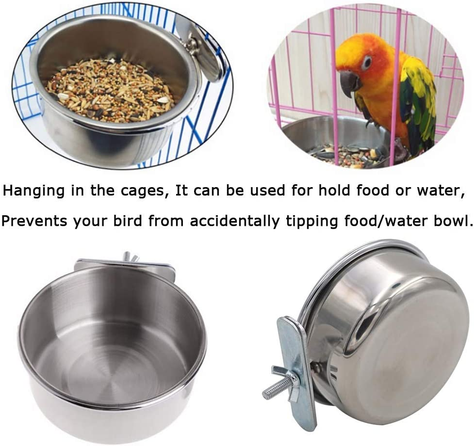 Tfwadmx 2 Pack Bird Feeding Dish Cups, Parrot Food Bowl Clamp Holder - Stainless Steel Coop Cup, Bird Cage Water Bowl for Parakeet African Greys Conure Cockatiels Lovebird Budgie Chinchilla - Silver image number 1