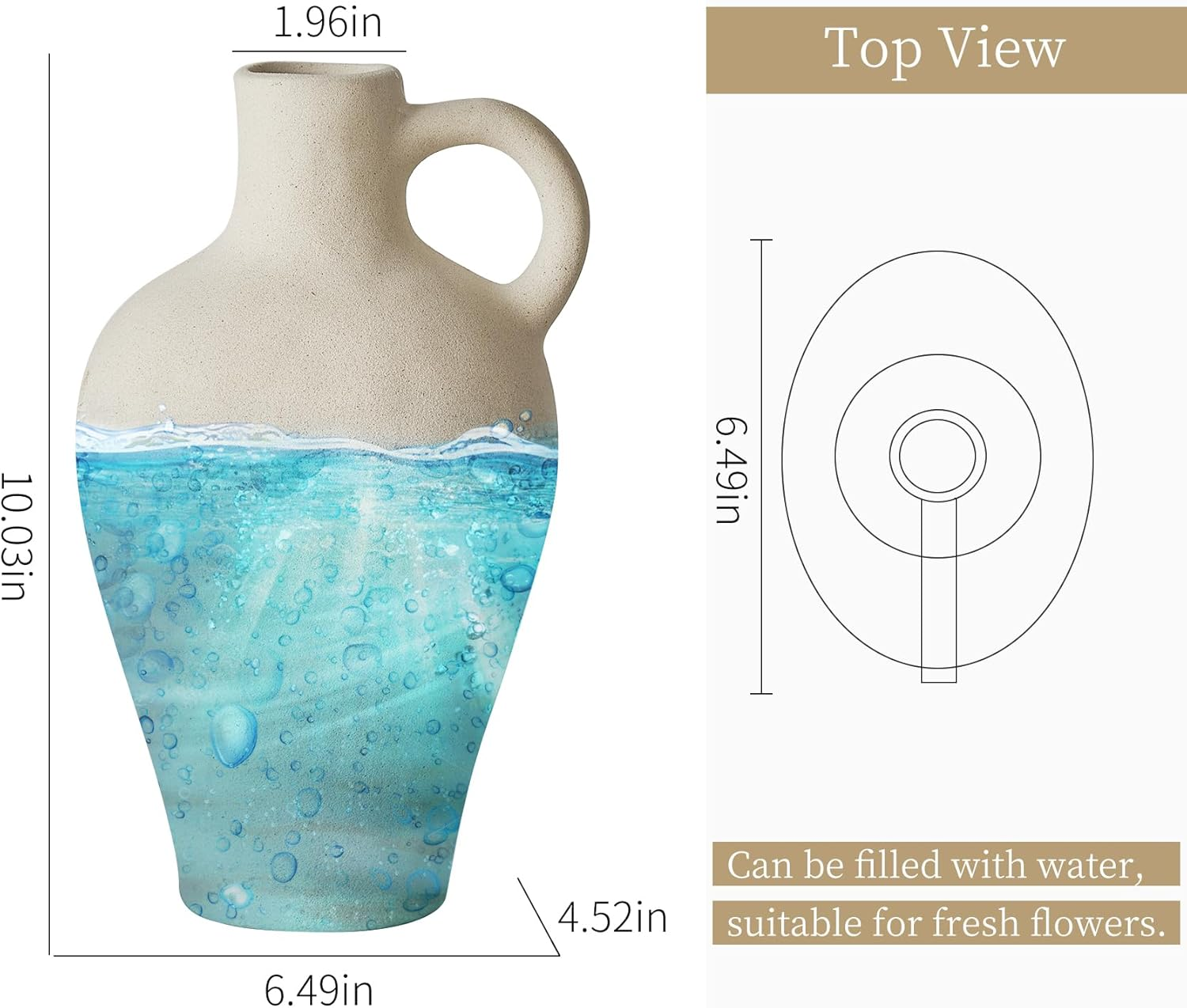 Ceramic Rustic Vase Farmhouse Decor: Beige Pitcher with Handle - Vintage Flower Terracotta Stoneware Jug - Matte Pottery Home Decor for Shelf, Mantel, Centerpiece, Table Decorations