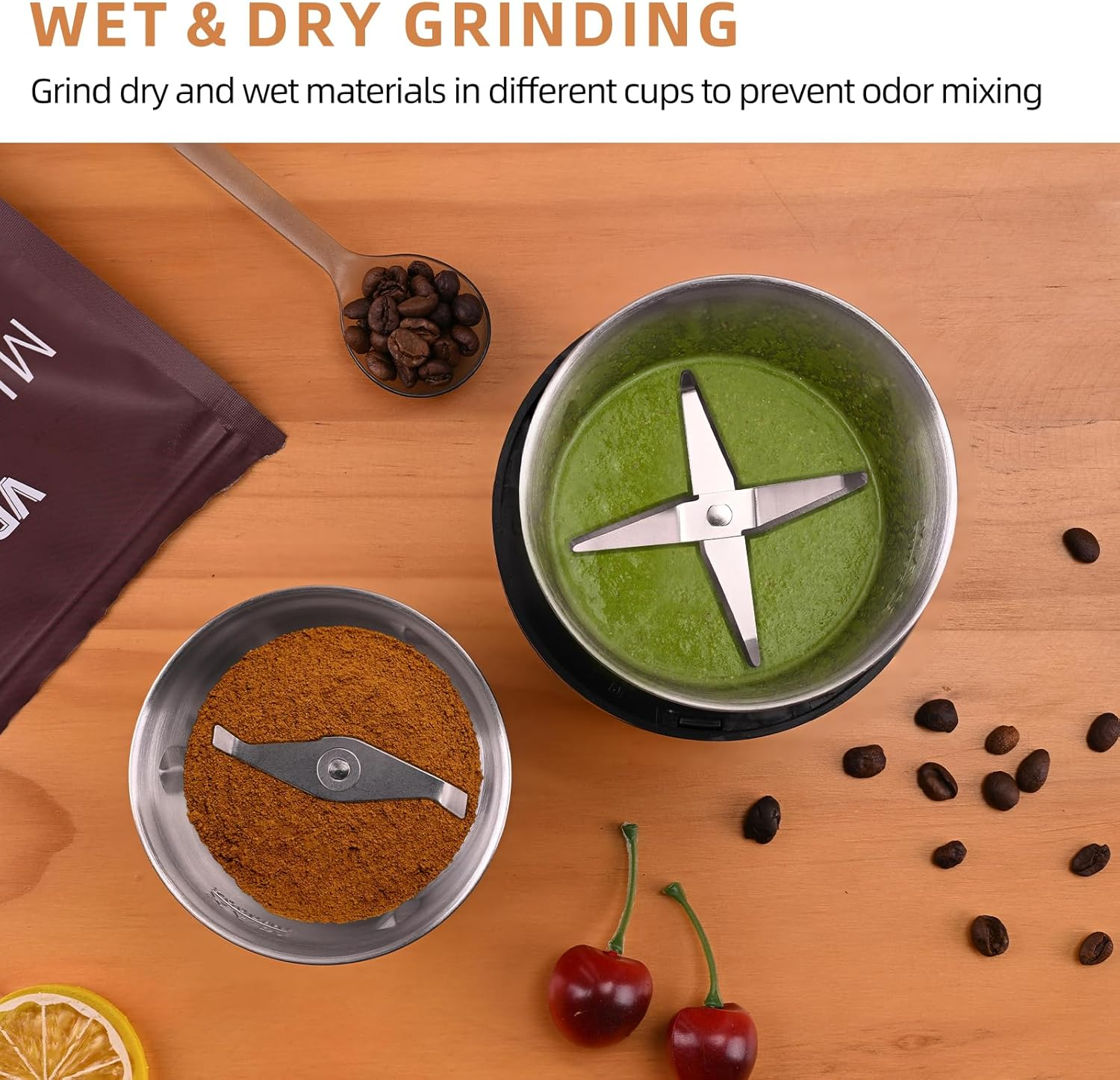 Congeowe Electric Coffee Grinder AU - 200W Removable Wet & Dry Cups, Spice Grinder, Stainless Steel Blade for Beans, Garlic & Spices, Dishwasher Safe (100G Capacity) image number 1