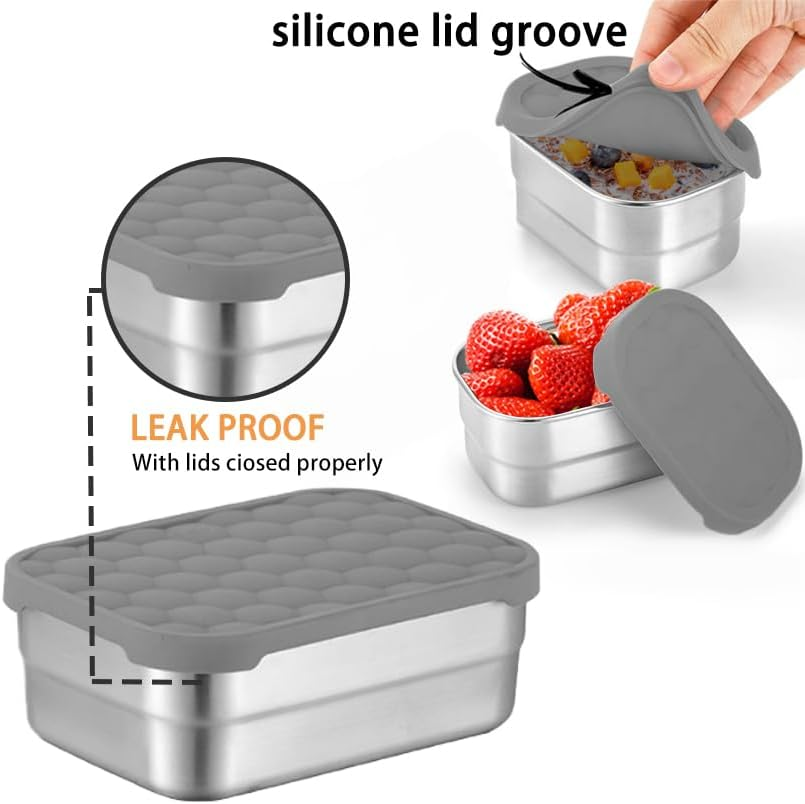 3Pack 304 Stainless Steel Lunch Box,Leak Proof Snack Containers with Silicone Lids,Steel Bento Box for School and Daycare,Food Containers for Snacks, Sandwiches, Fruits, Vegetables(25Oz+8Oz*2) image number 3
