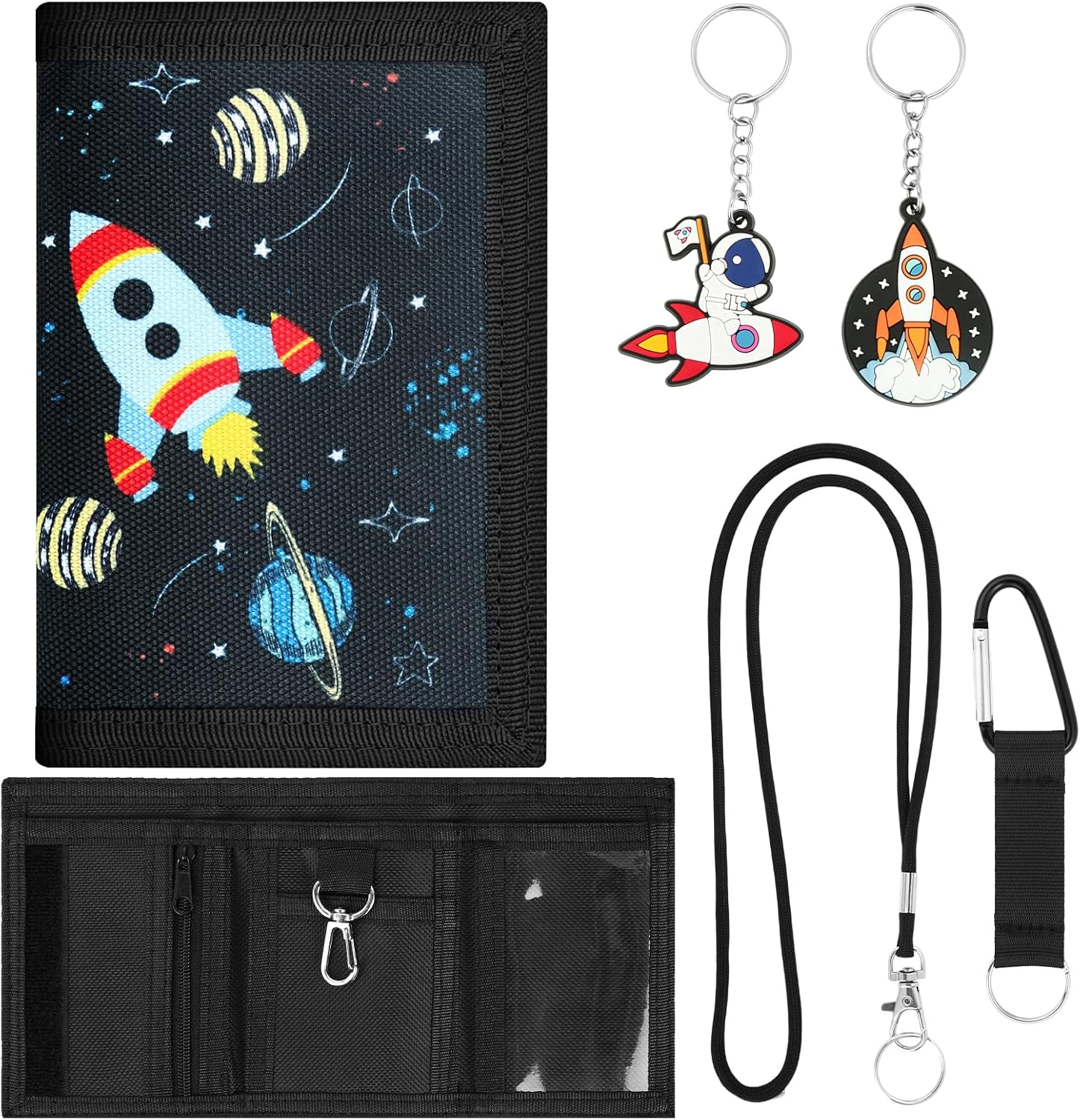 HOCUCHELAND Children'S Neck Pouch, Waterproof Trifold Wallet with 2 Keyrings and 2 Lanyards, Portable Rocket Pattern Neck Pouch Boys for Child, Teenagers, Boys image number 2