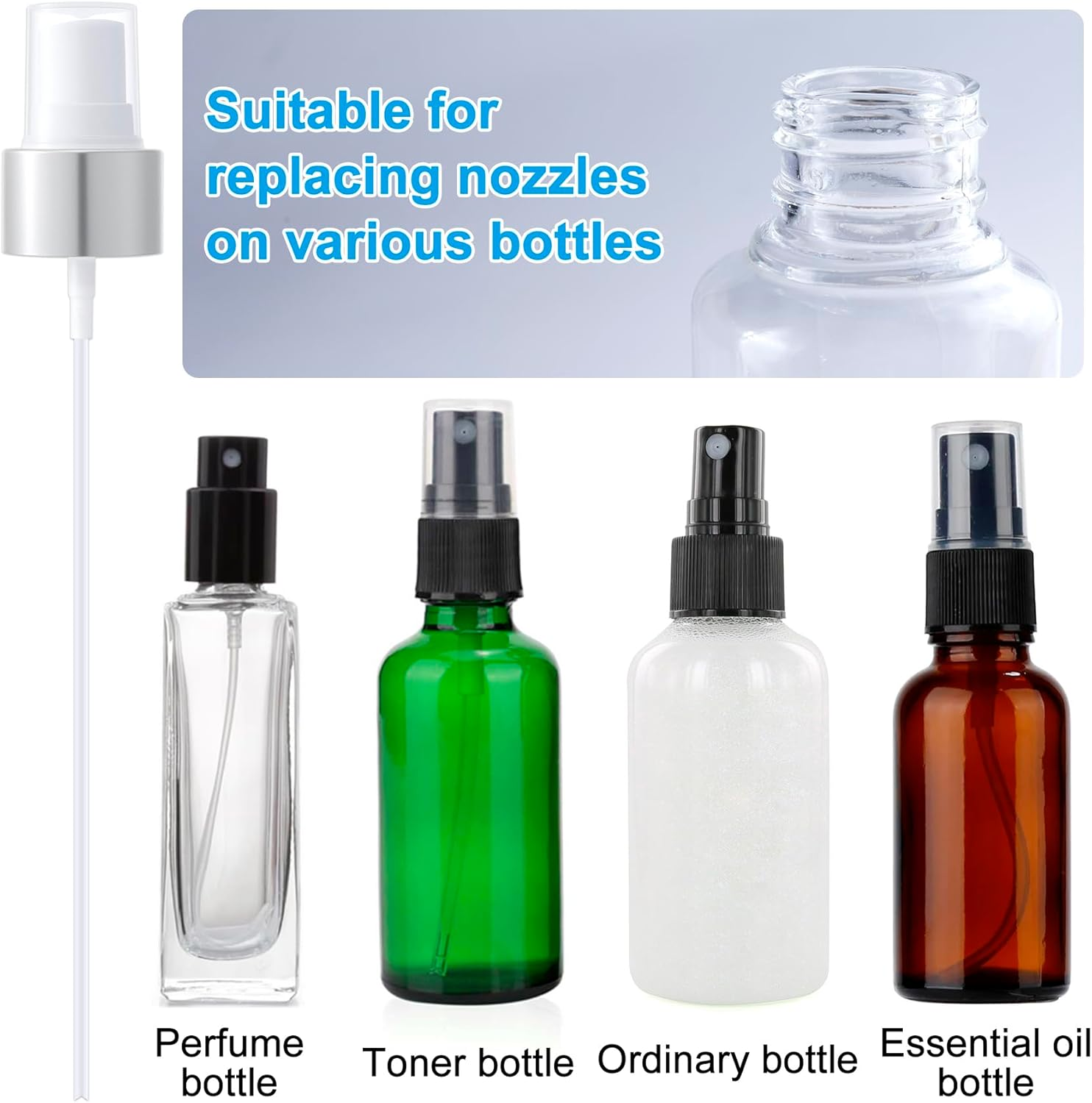 Alpinleux 8 Pcs Spray Bottle Top, 24/410 Fine Mist Sprayer Top, Nozzle Sprayer Tops Replacement, Plastic Fine Mist Sprayer Pump for Essential Oil, Cleaning Solutions (24/410 Cap Size, Silver) - Gold White image number 4